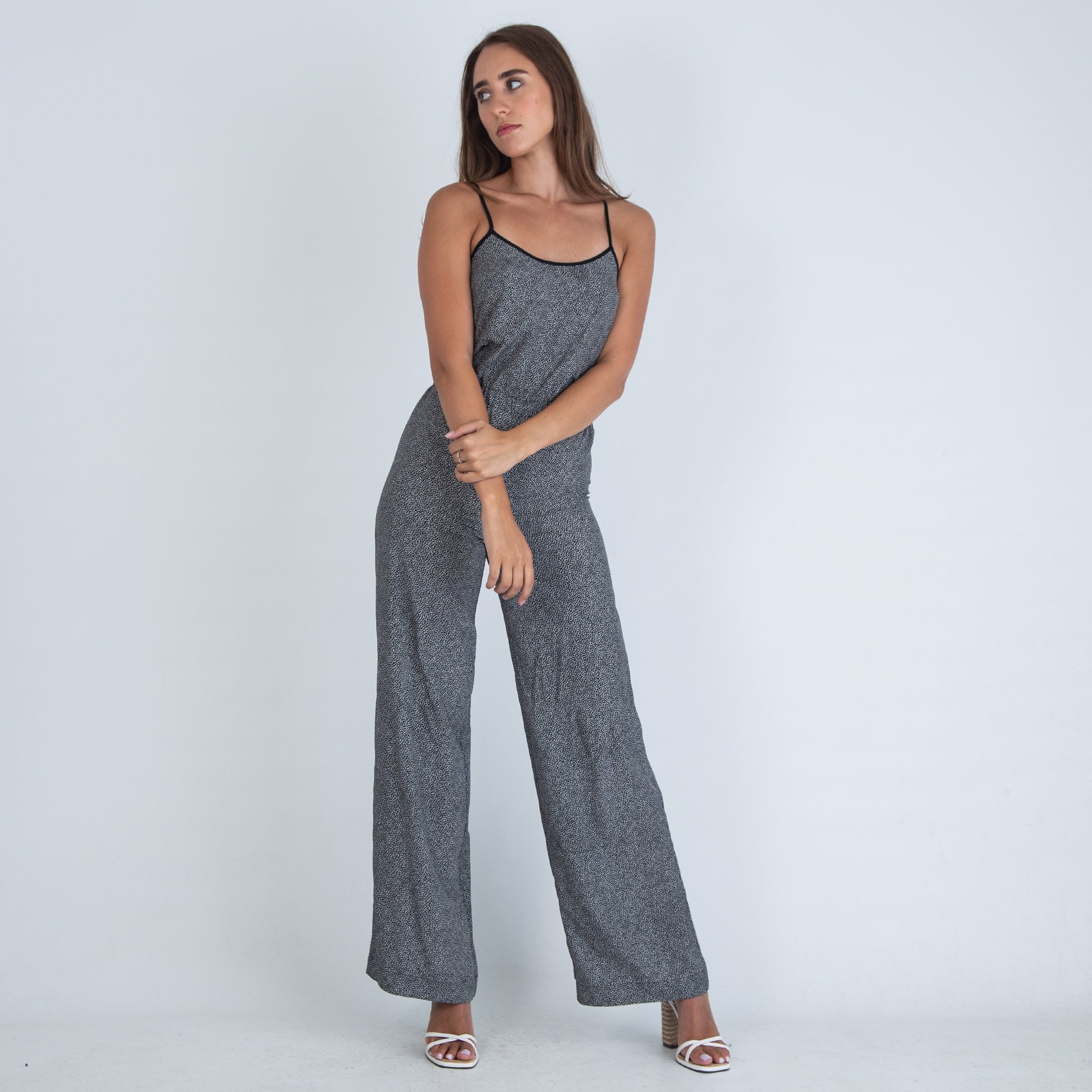 Michael Kors Spaghetti Strap Wide Leg Giraffe Print Jumpsuit Black/White