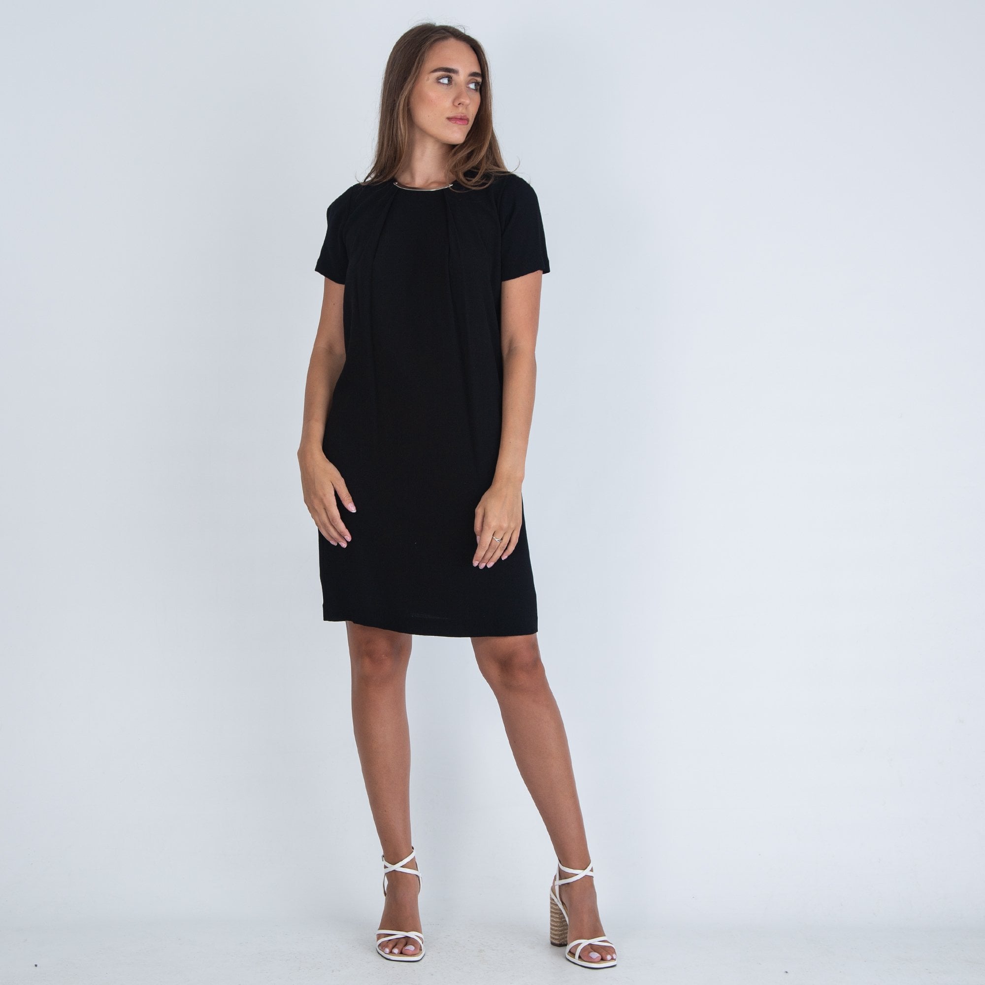 Michael Kors Short Sleeve Pleat Front Metal Neck Detail Dress Black