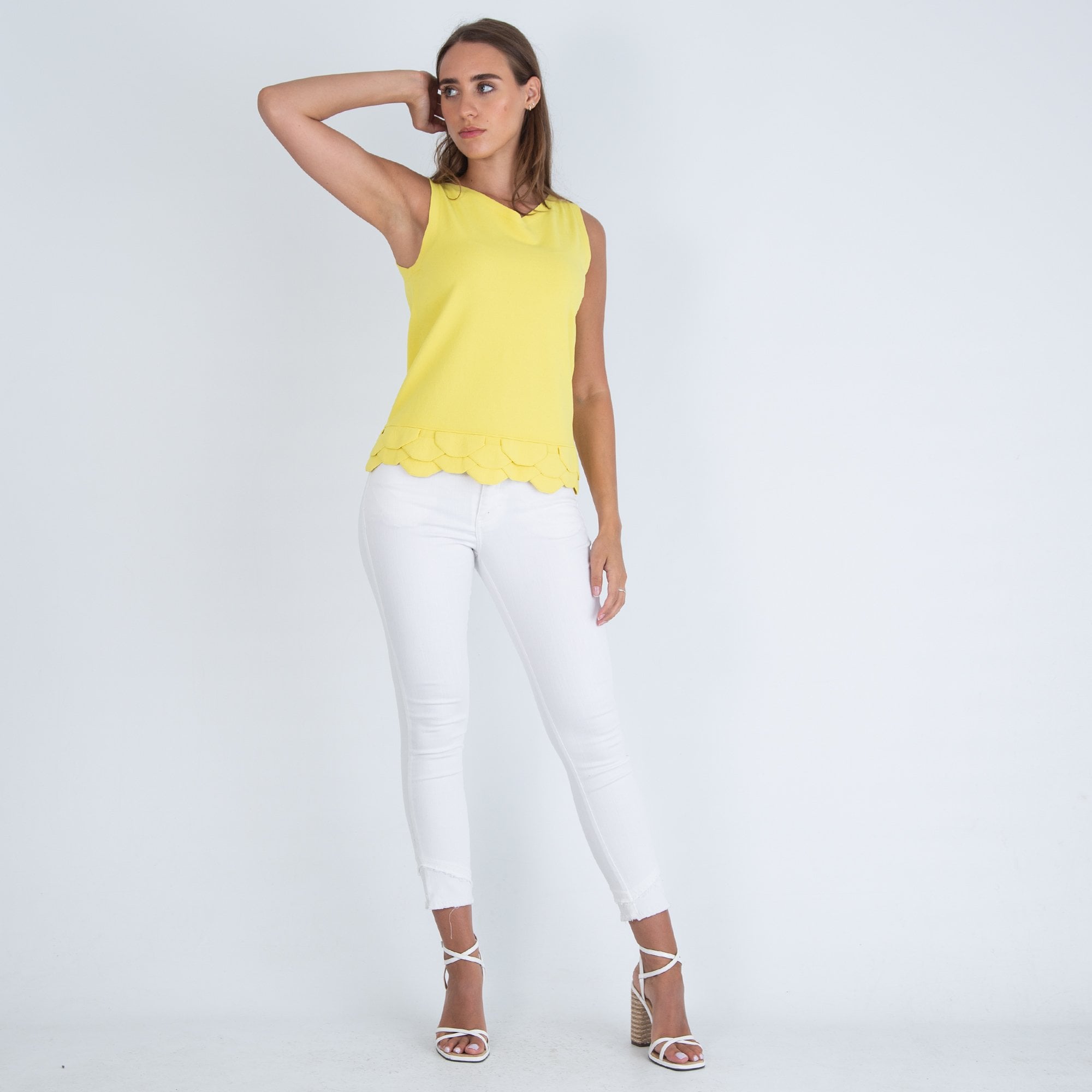 D.Exterior V Neck Sleeveless Scalloped Hem Top Yellow