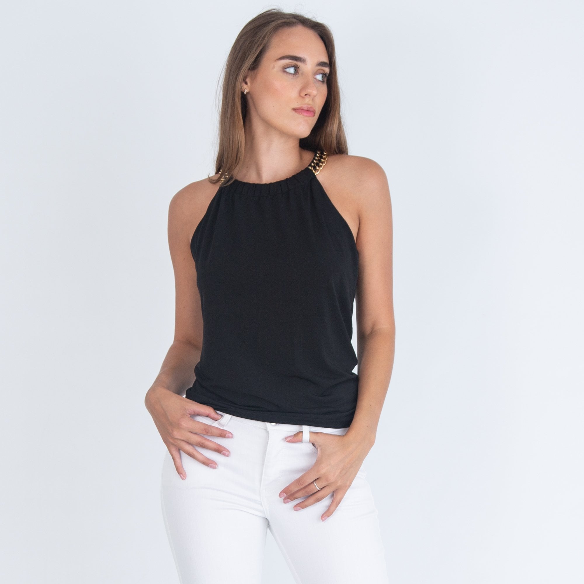 Michael Kors Halter Chain Neck Jersey Top Black