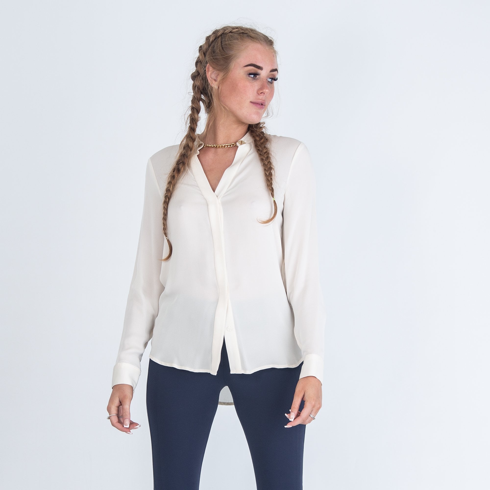 Michael Kors Silk Blouse With Mandarin Collar And Chain Neck Cream