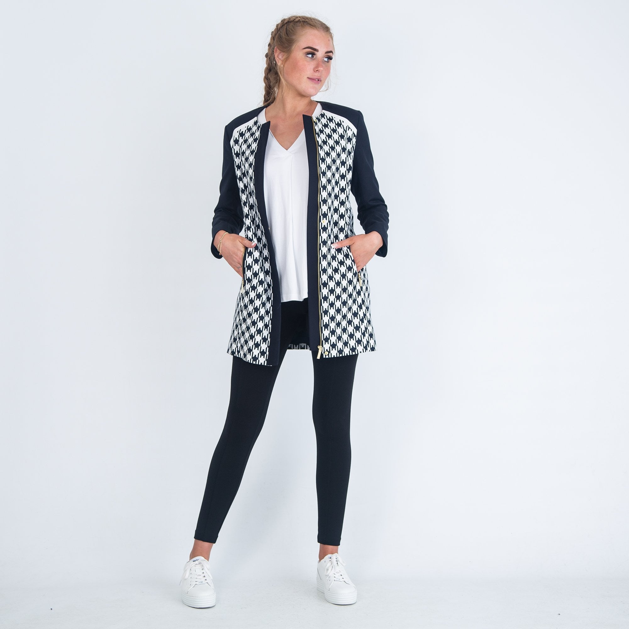 Michael Kors Houndstooth Coat With Plain Arms Navy/White