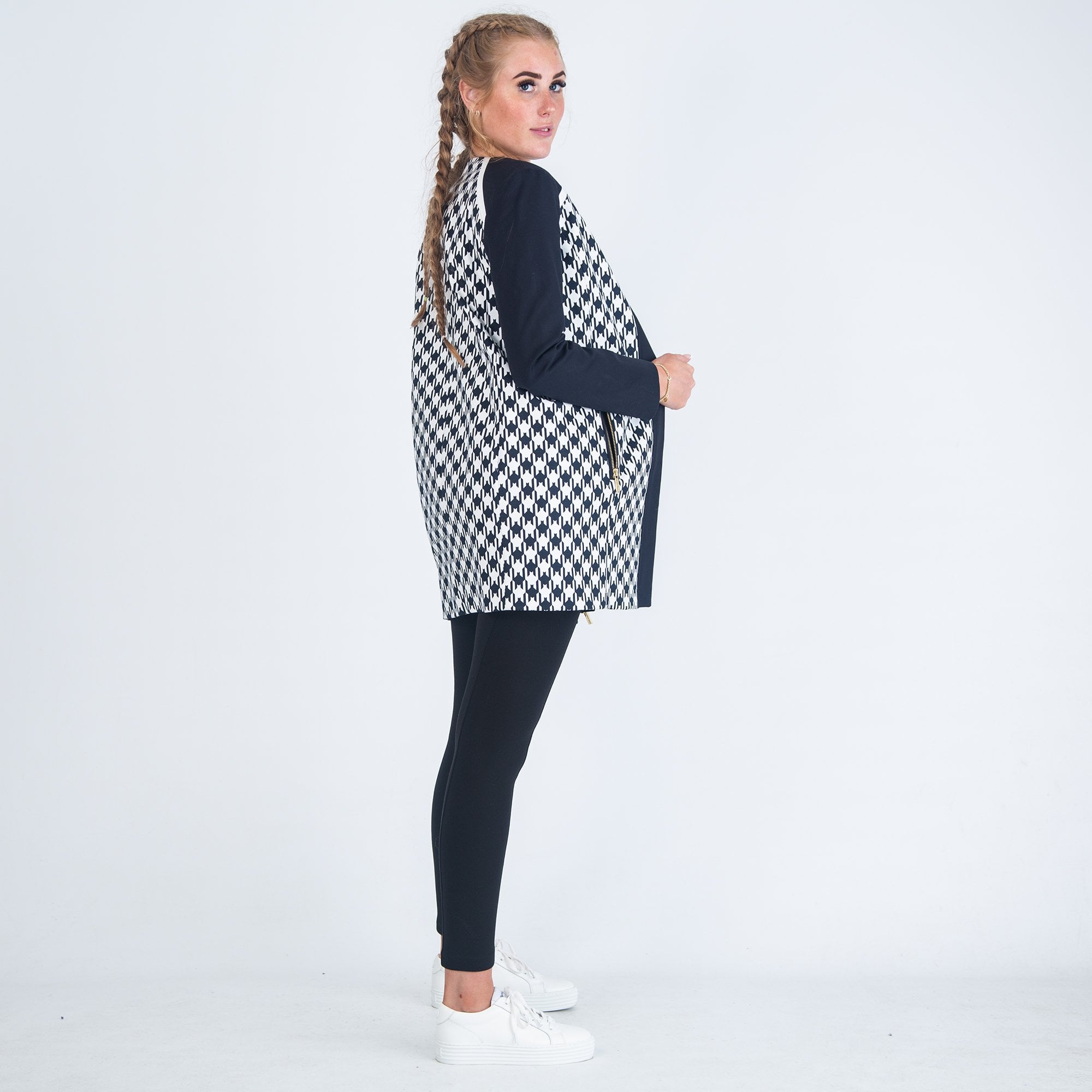 Michael Kors Houndstooth Coat With Plain Arms Navy/White