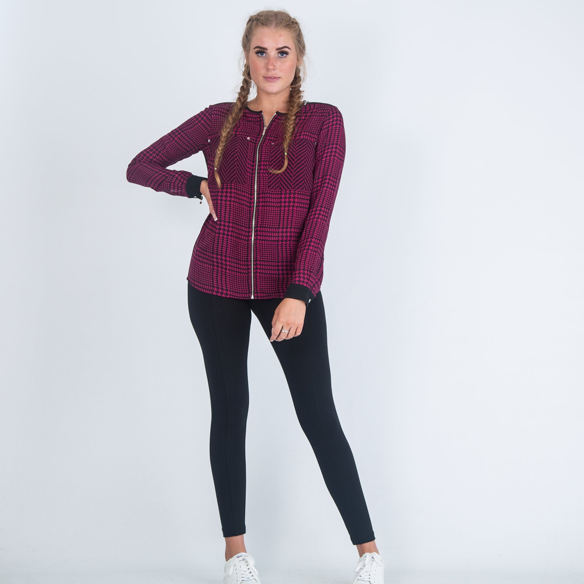 Michael Kors Houndstooth Check Jacket With Zip Shoulder Detail Pink/Black