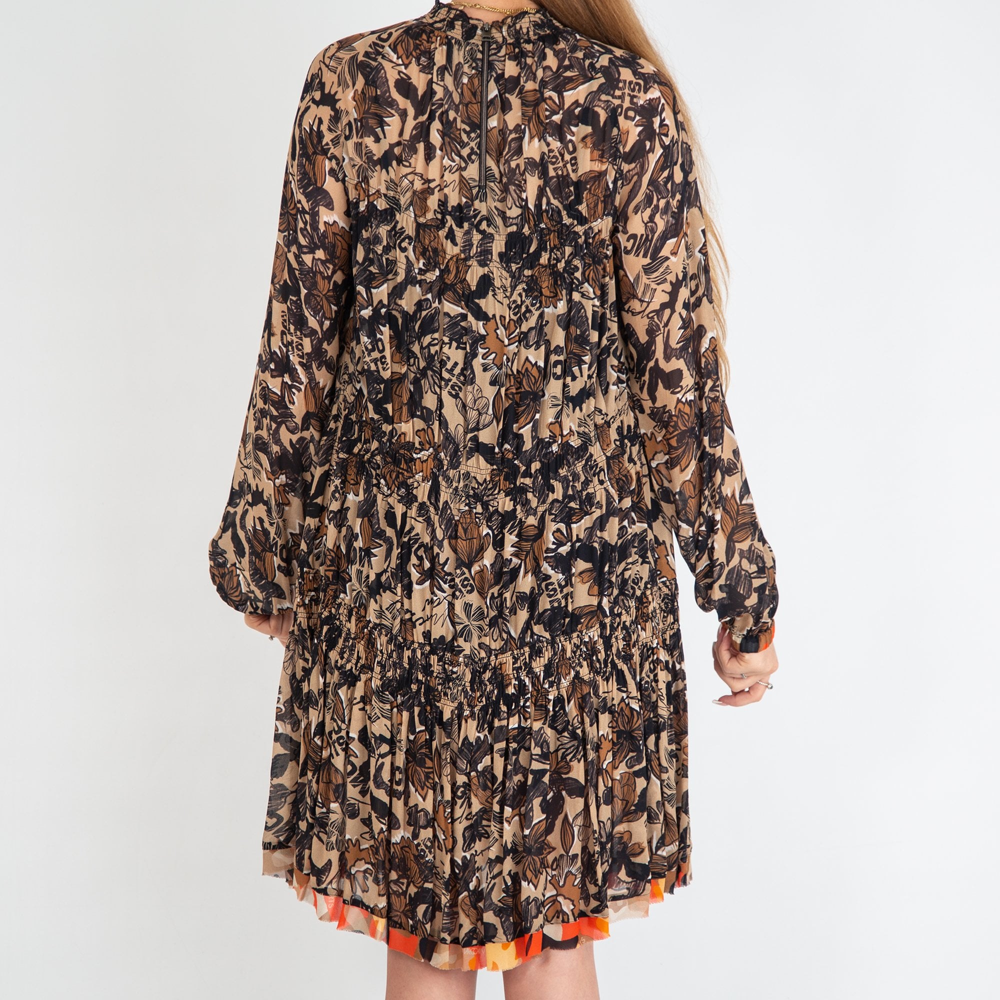 Marc Cain High Neck Floral Print Tiered Dress Black/camel