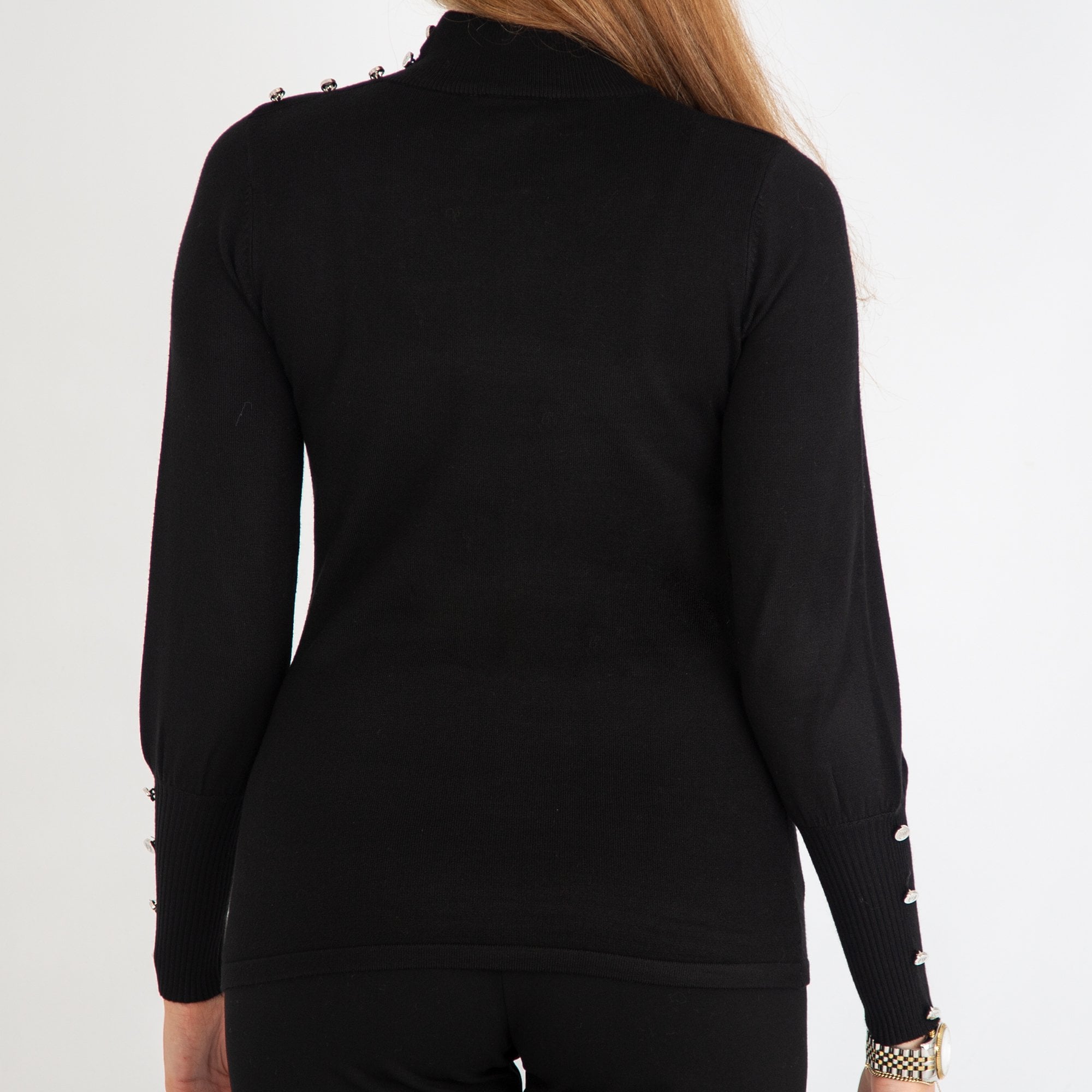 Marble Fashions Roll Neck Ruched Button Sleeve Top Black