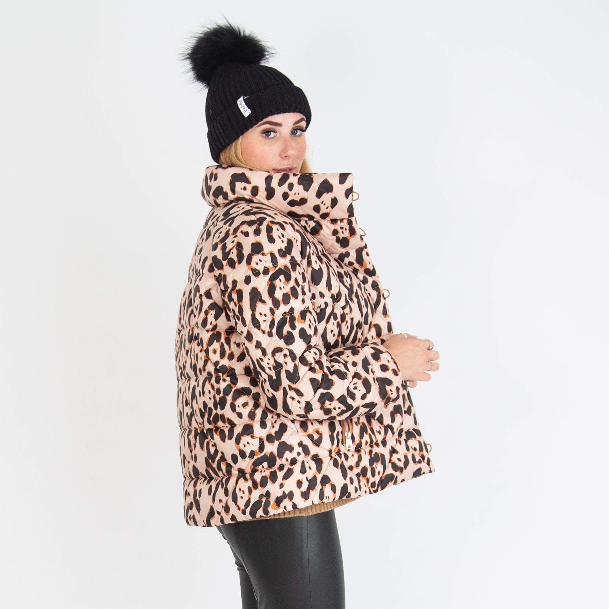 Marc Cain Asymmetrical Leopard Print Puffa Coat Camel/black