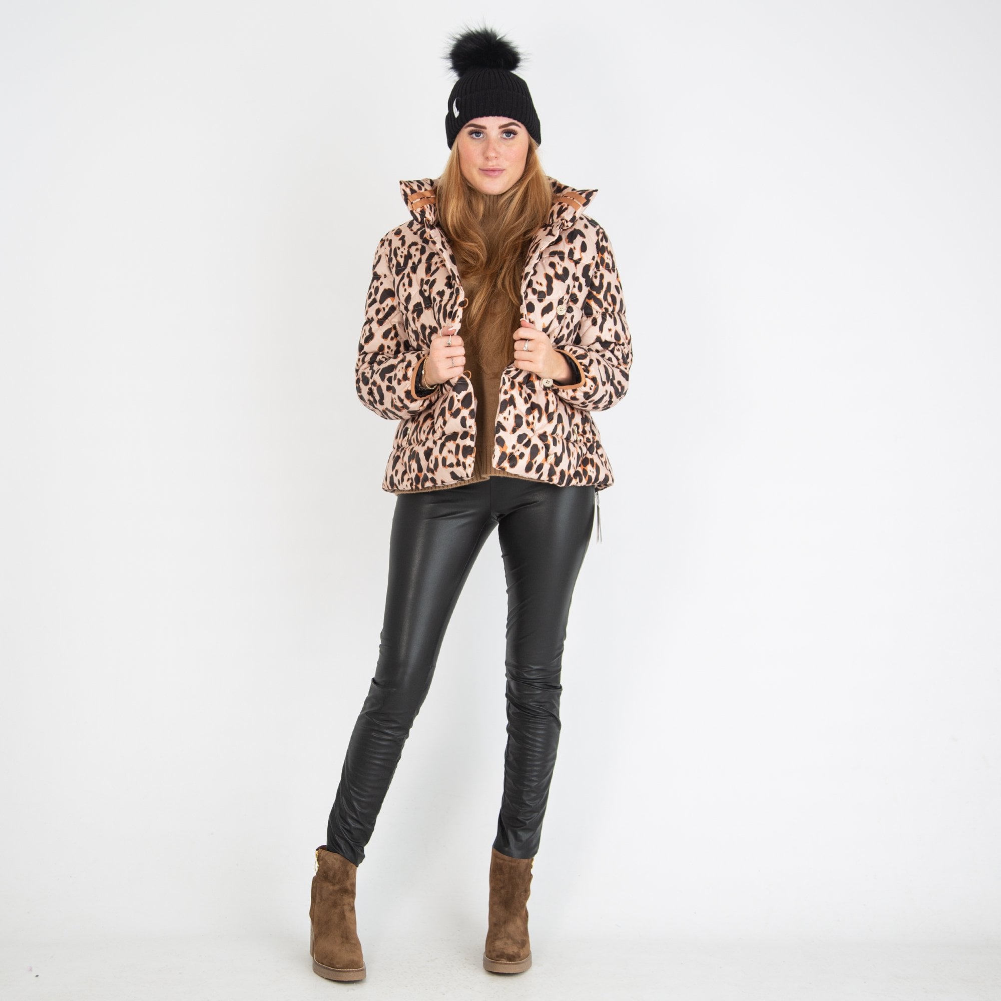 Marc Cain Asymmetrical Leopard Print Puffa Coat Camel/black