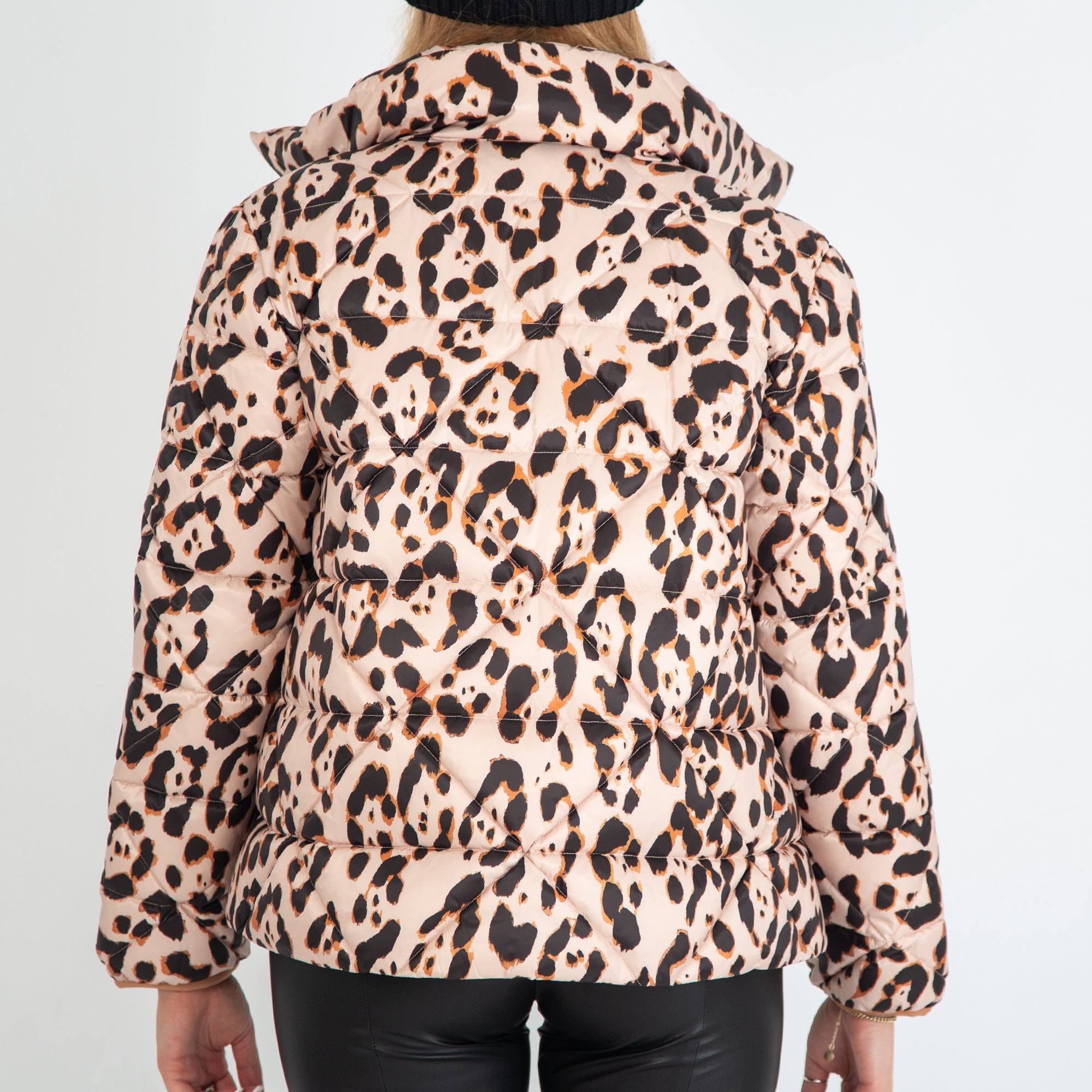 Marc Cain Asymmetrical Leopard Print Puffa Coat Camel/black