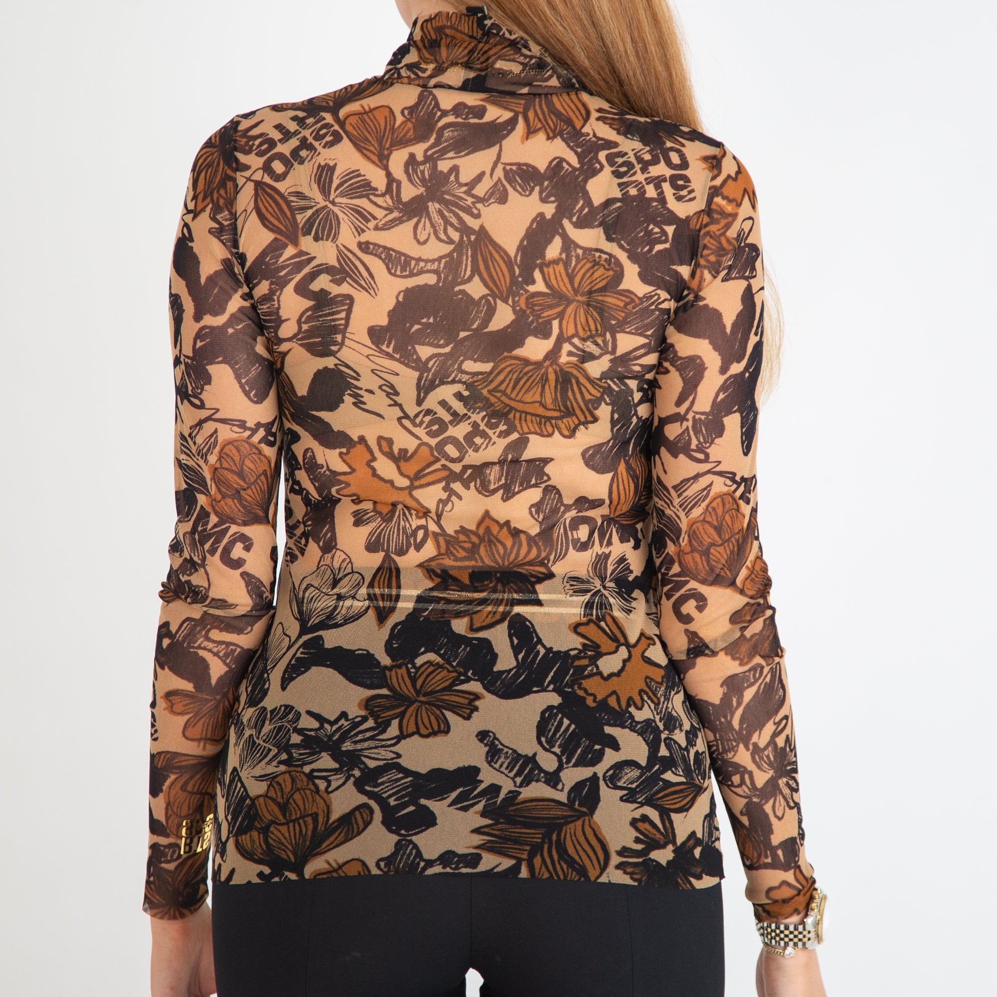 Marc Cain Leaf Print Fine Mesh Turtle Neck Top Camel/black