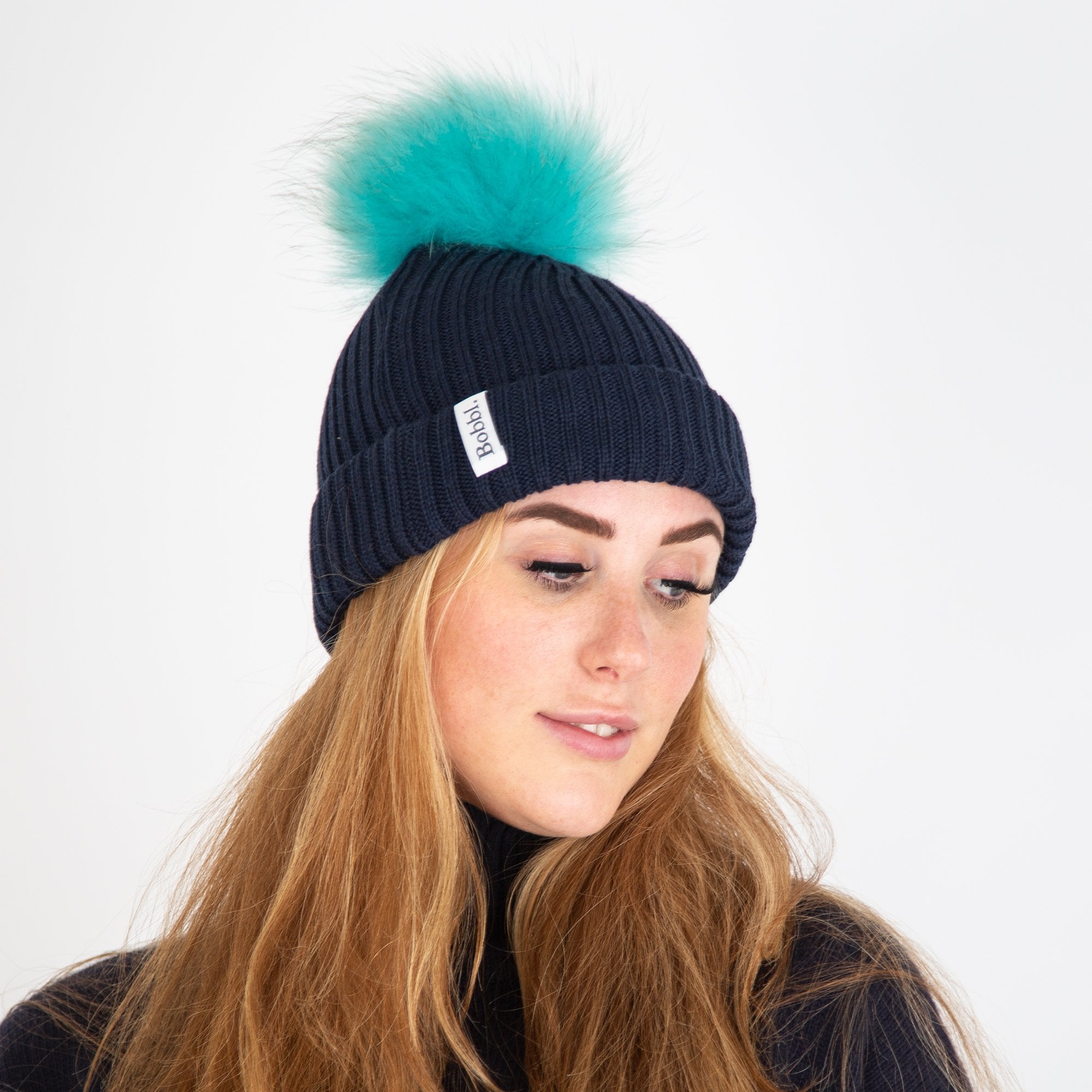 Bobbl Knit Hat With Pom Pom Navy/Turquoise