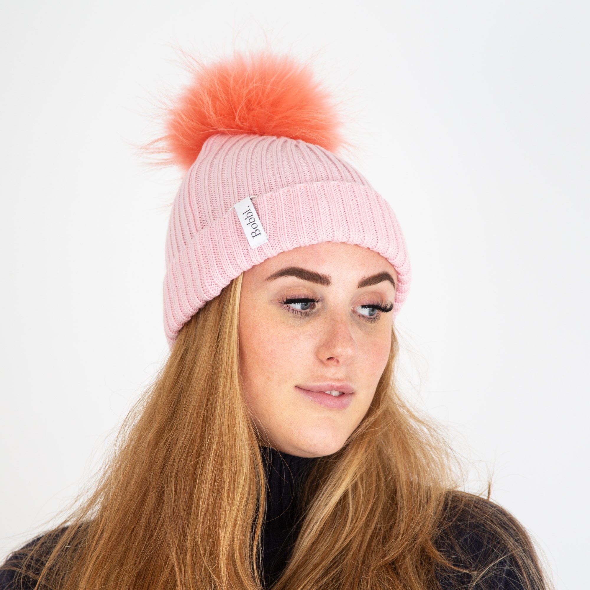 Bobbl Knit Hat With Pom Pom Pale Pink/coral