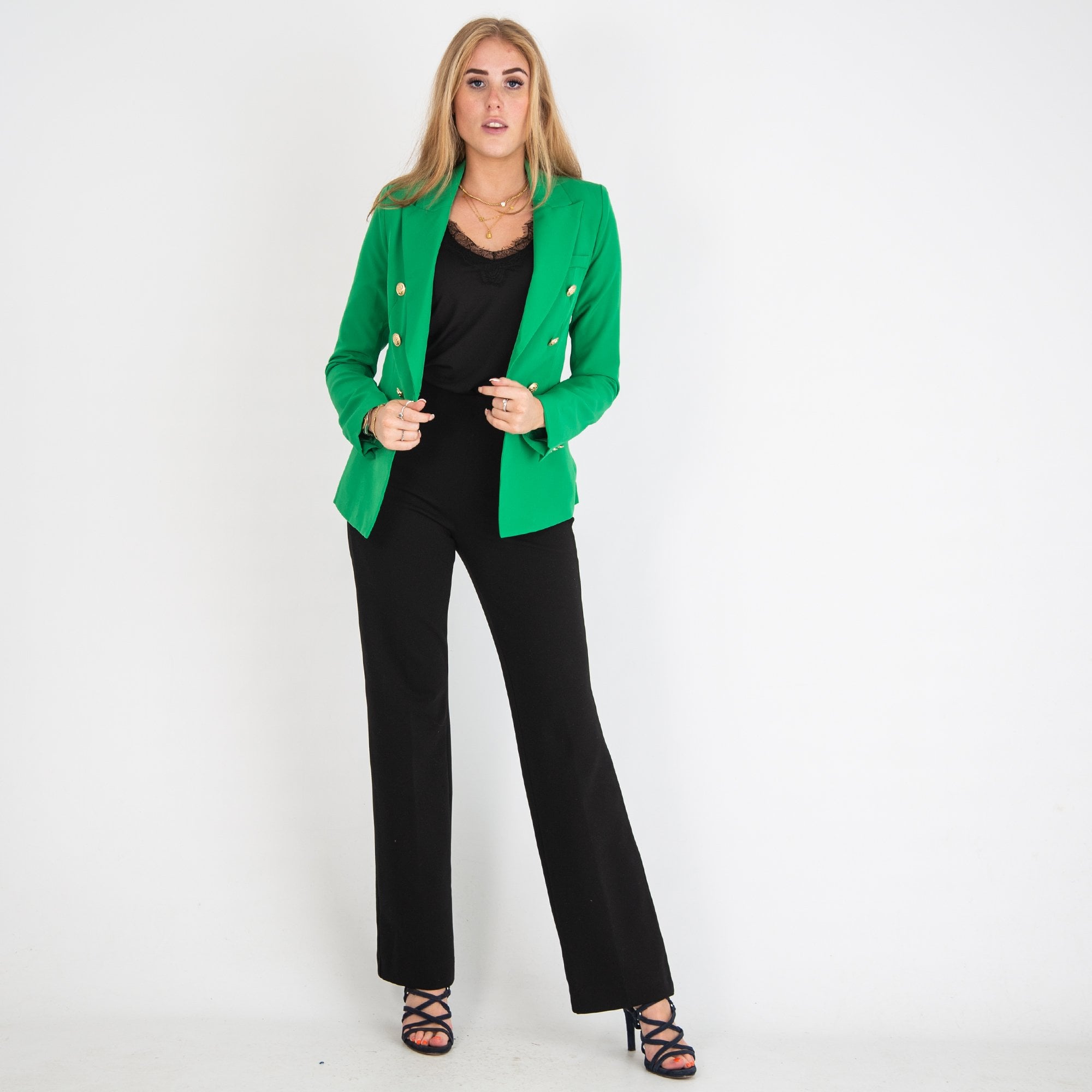 Y London Fitted Gold Button Blazer Green