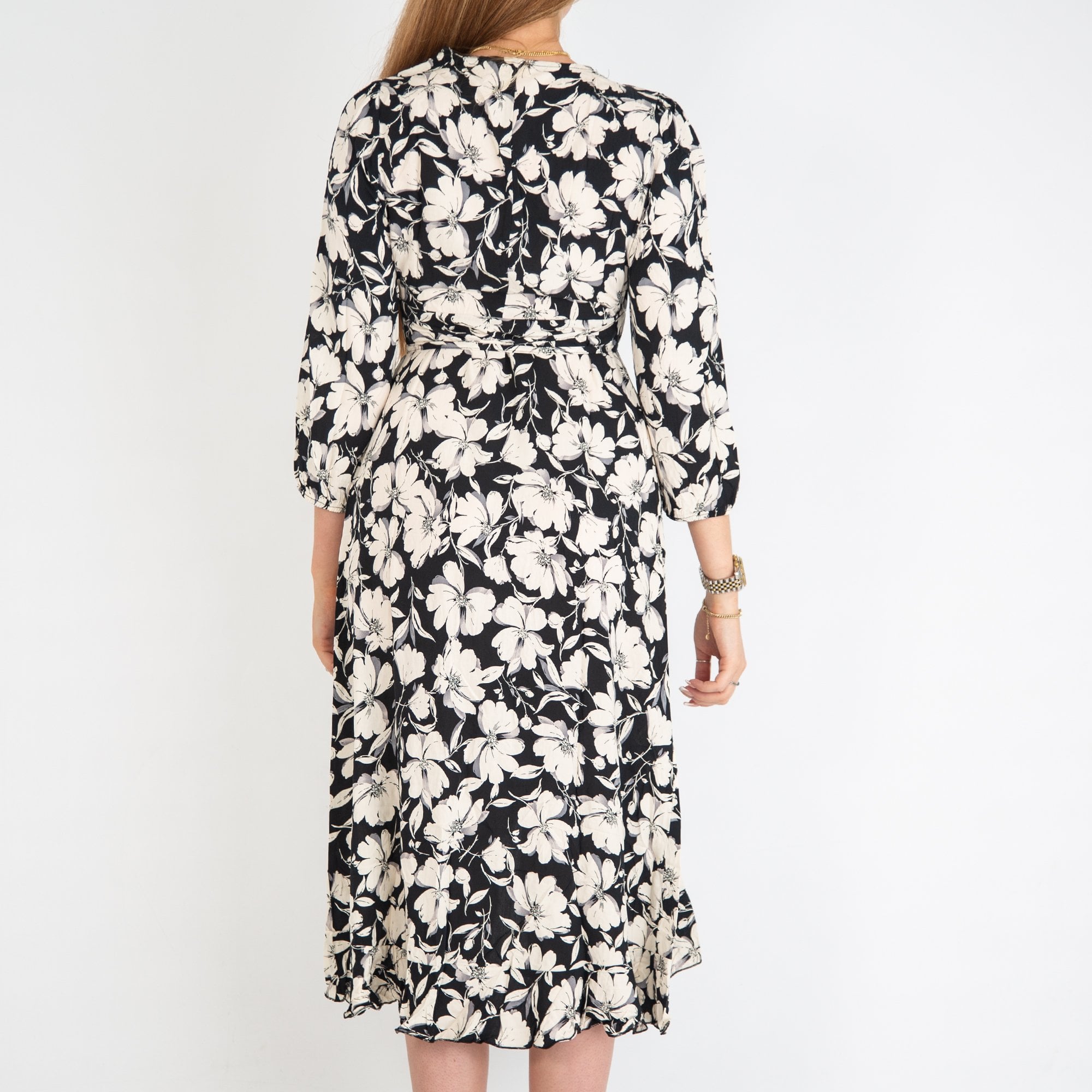 Y London Flower Print Wrap Viscose Midi Dress Black Cream