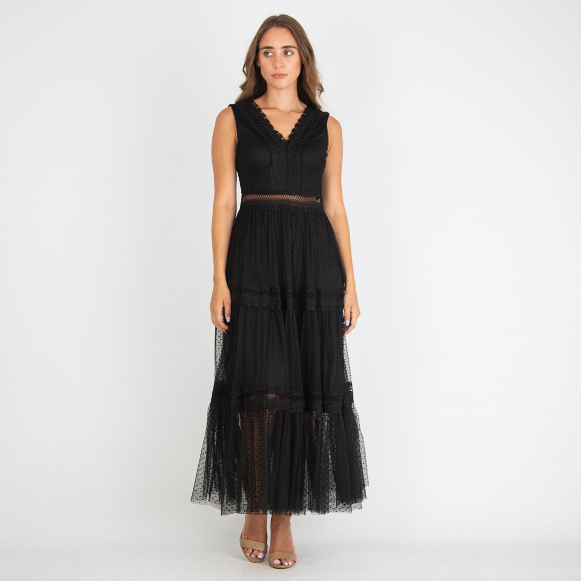 Chokolate Embroidered Detail Polka Dot Maxi Dress Black