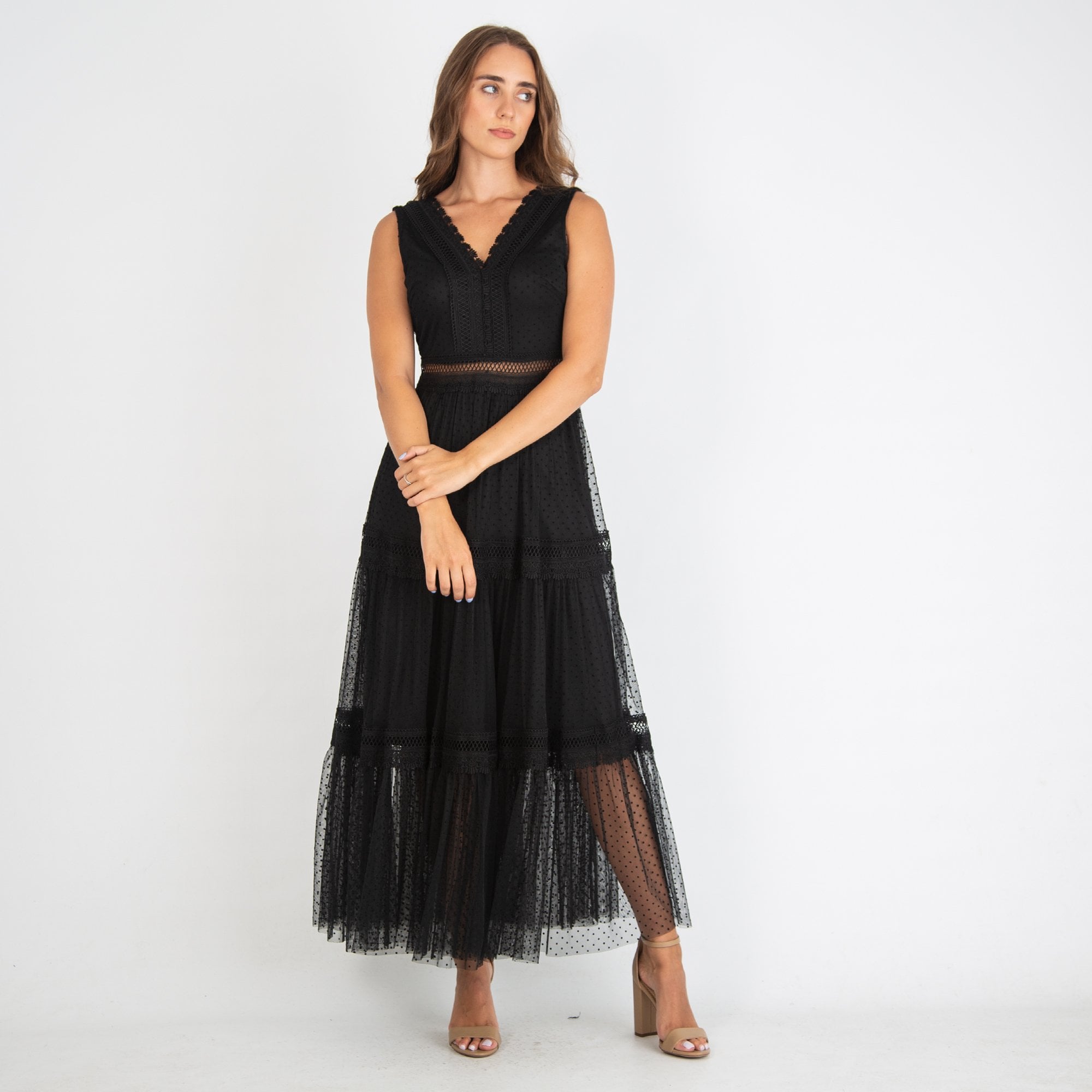 Chokolate Embroidered Detail Polka Dot Maxi Dress Black