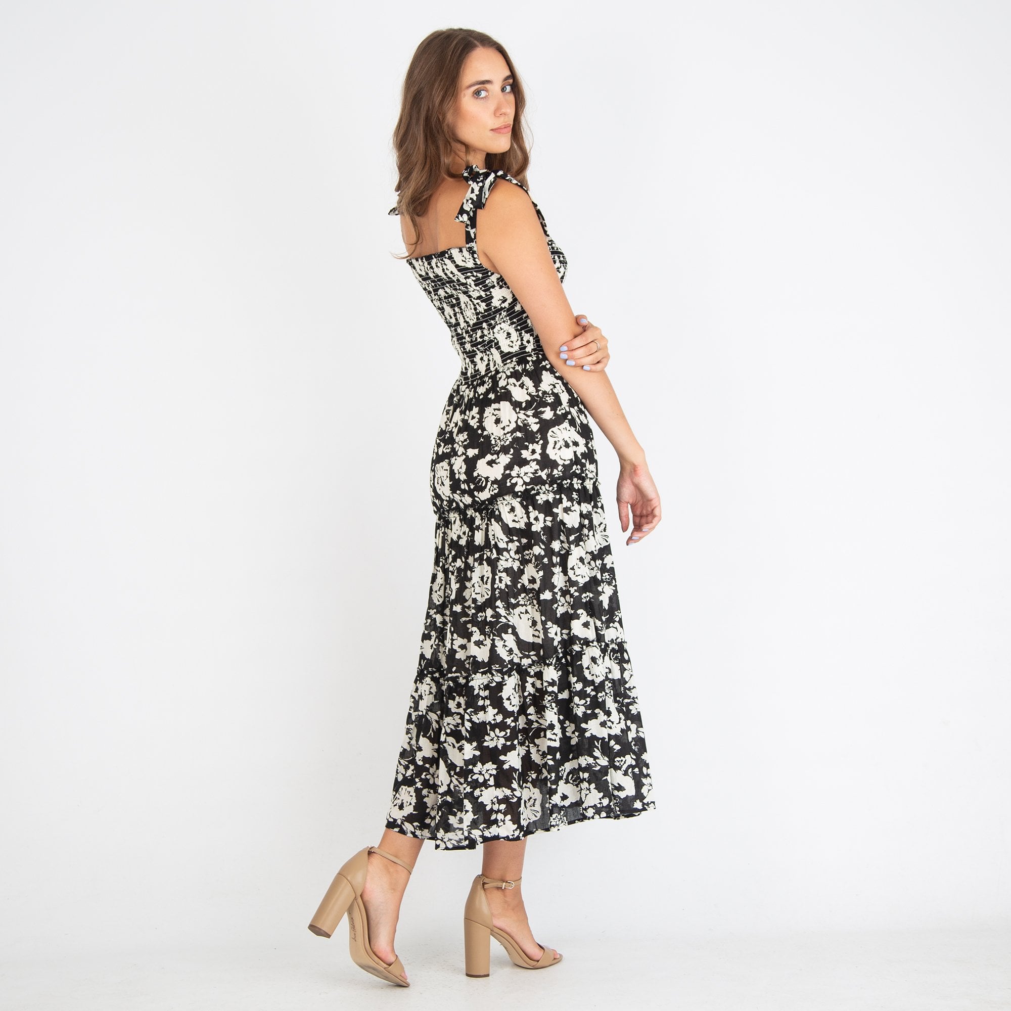 Y London Floral Tie Sleeve Smock Maxi Dress Black/floral
