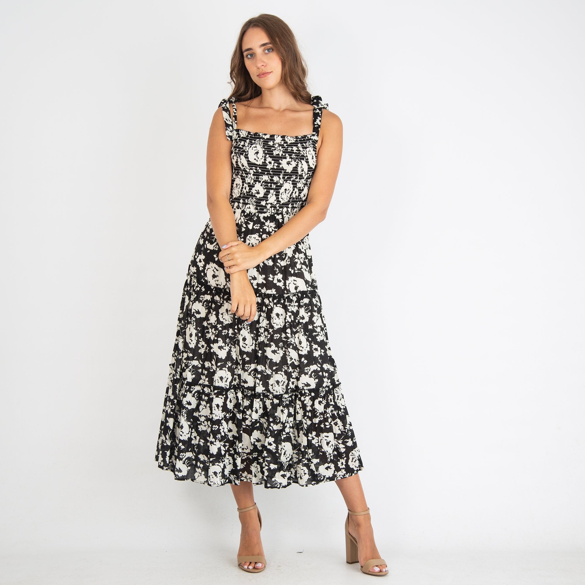 Y London Floral Tie Sleeve Smock Maxi Dress Black/floral