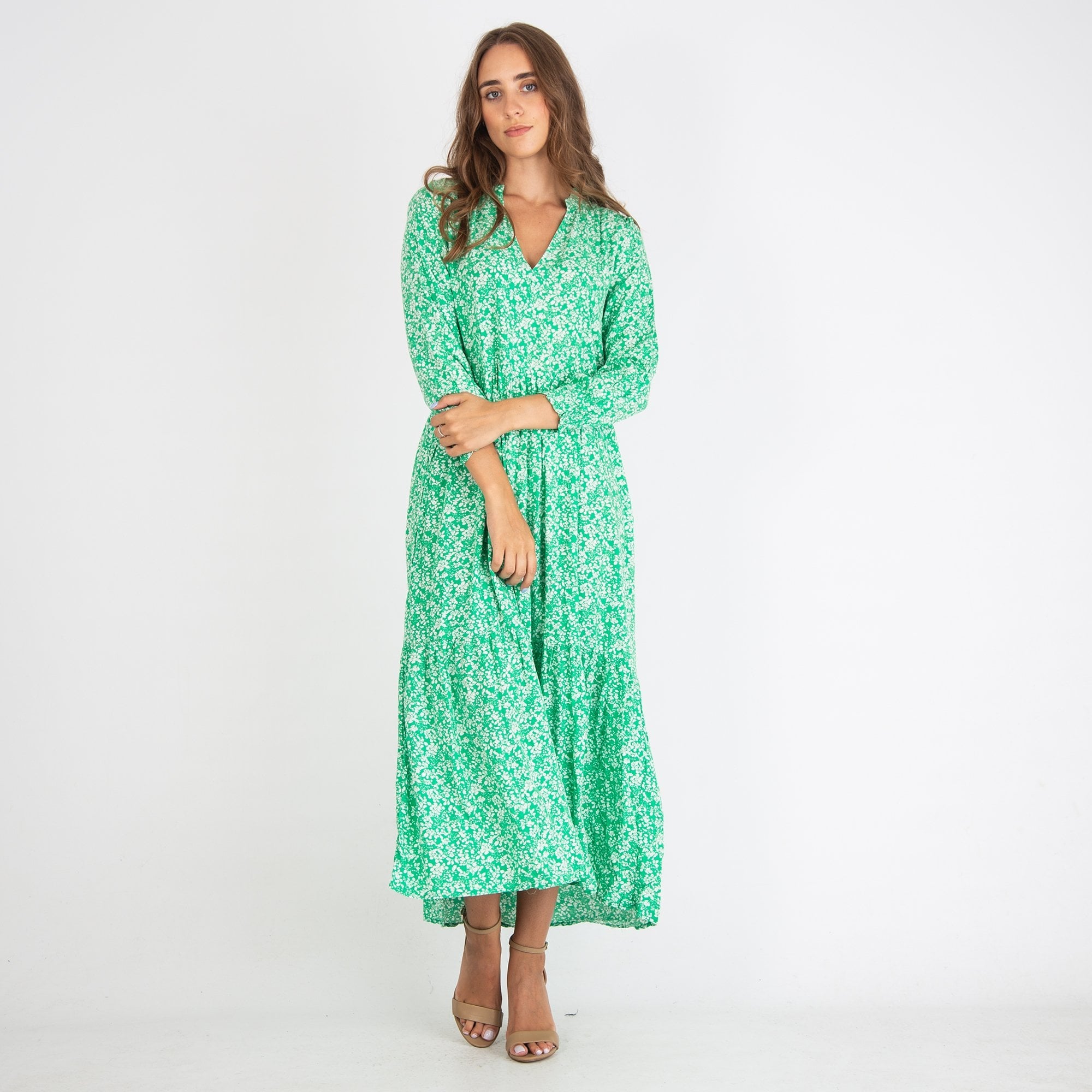 Y London V Neck Leaf Print Long Sleeve Maxi Dress Green/white