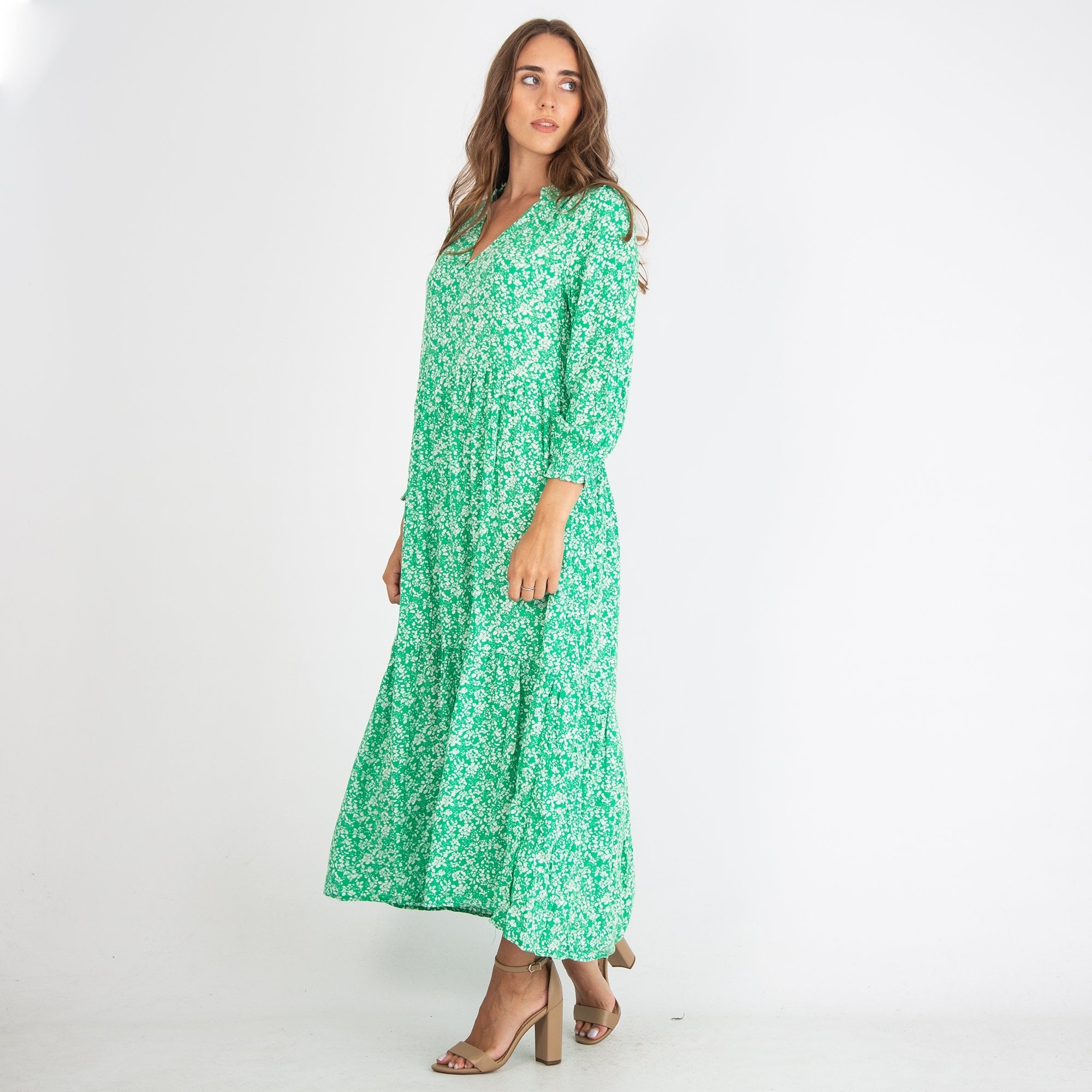 Y London V Neck Leaf Print Long Sleeve Maxi Dress Green/white