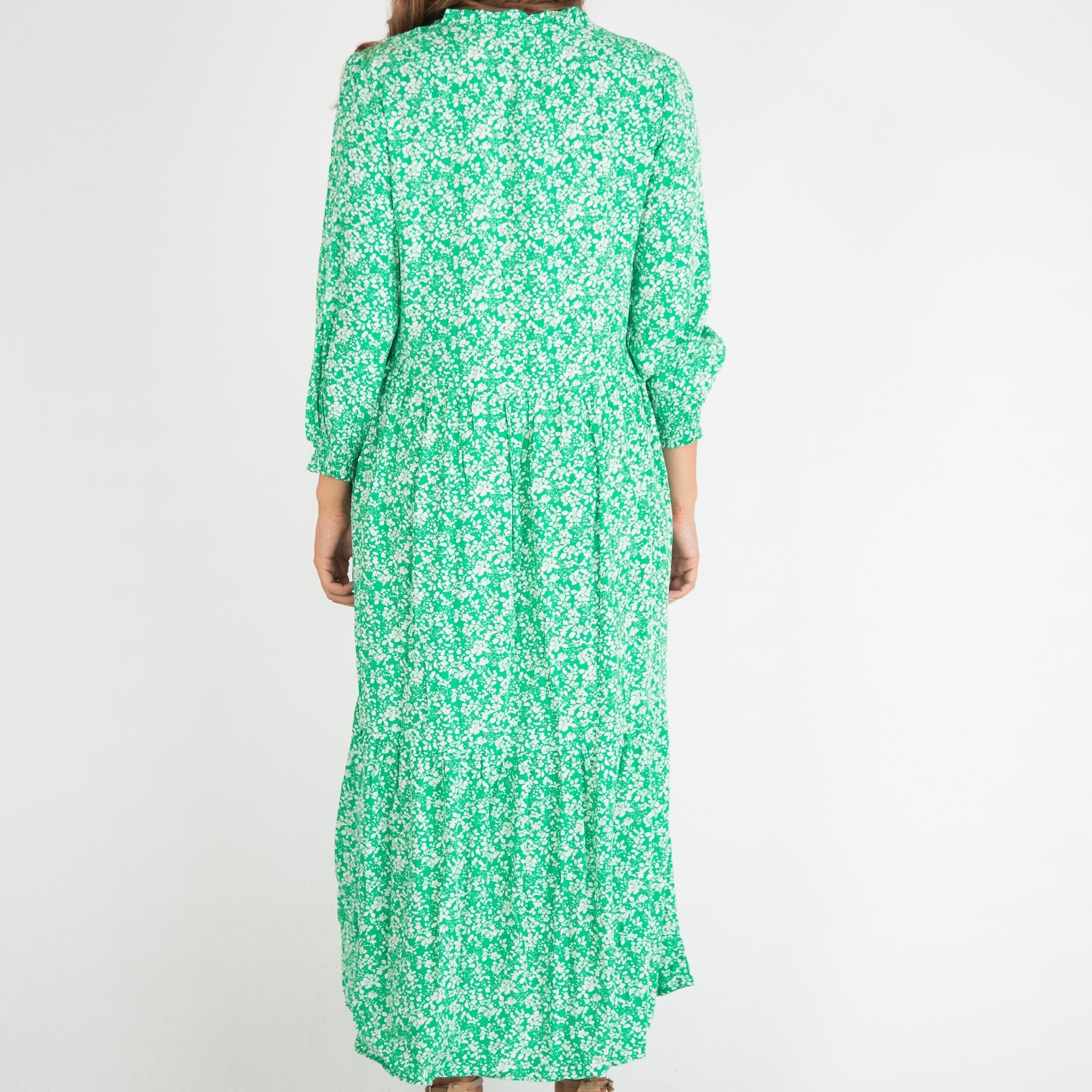 Y London V Neck Leaf Print Long Sleeve Maxi Dress Green/white