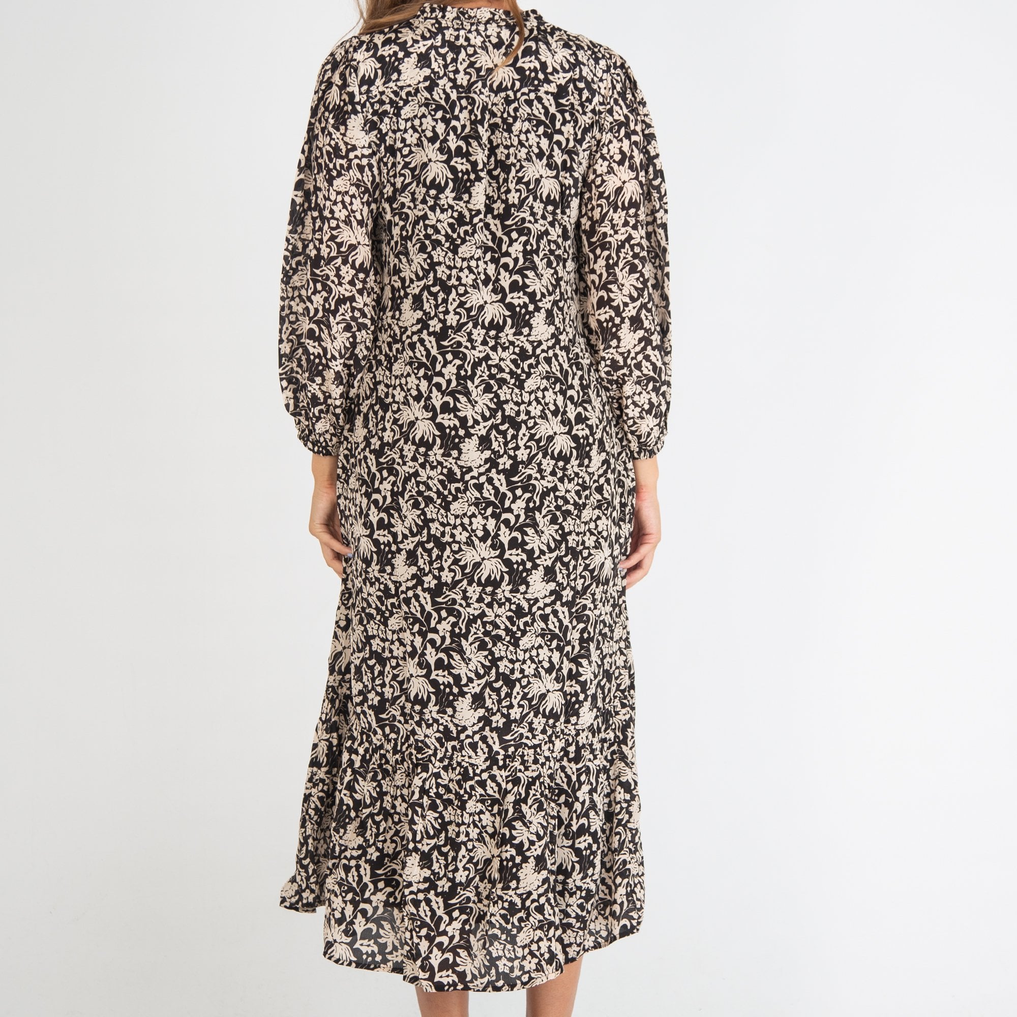 Moliin Liberty Floral Tiered Hem Long Tie Neck Dress Black/Off White