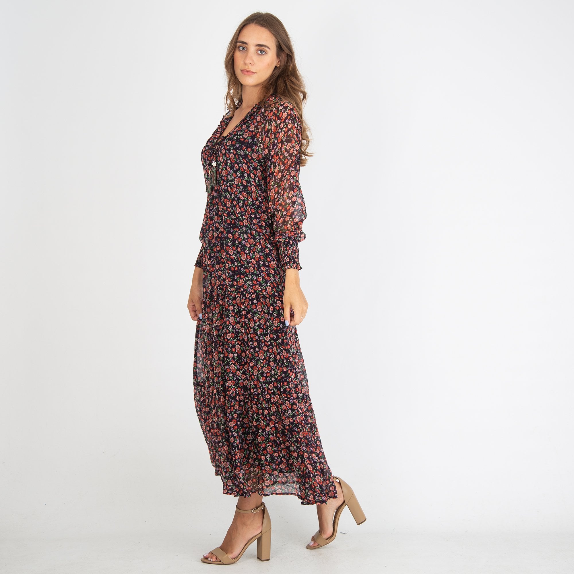 Moliin Elena Pretty Floral Tiered Hem Maxi Dress Red/Black/Multi