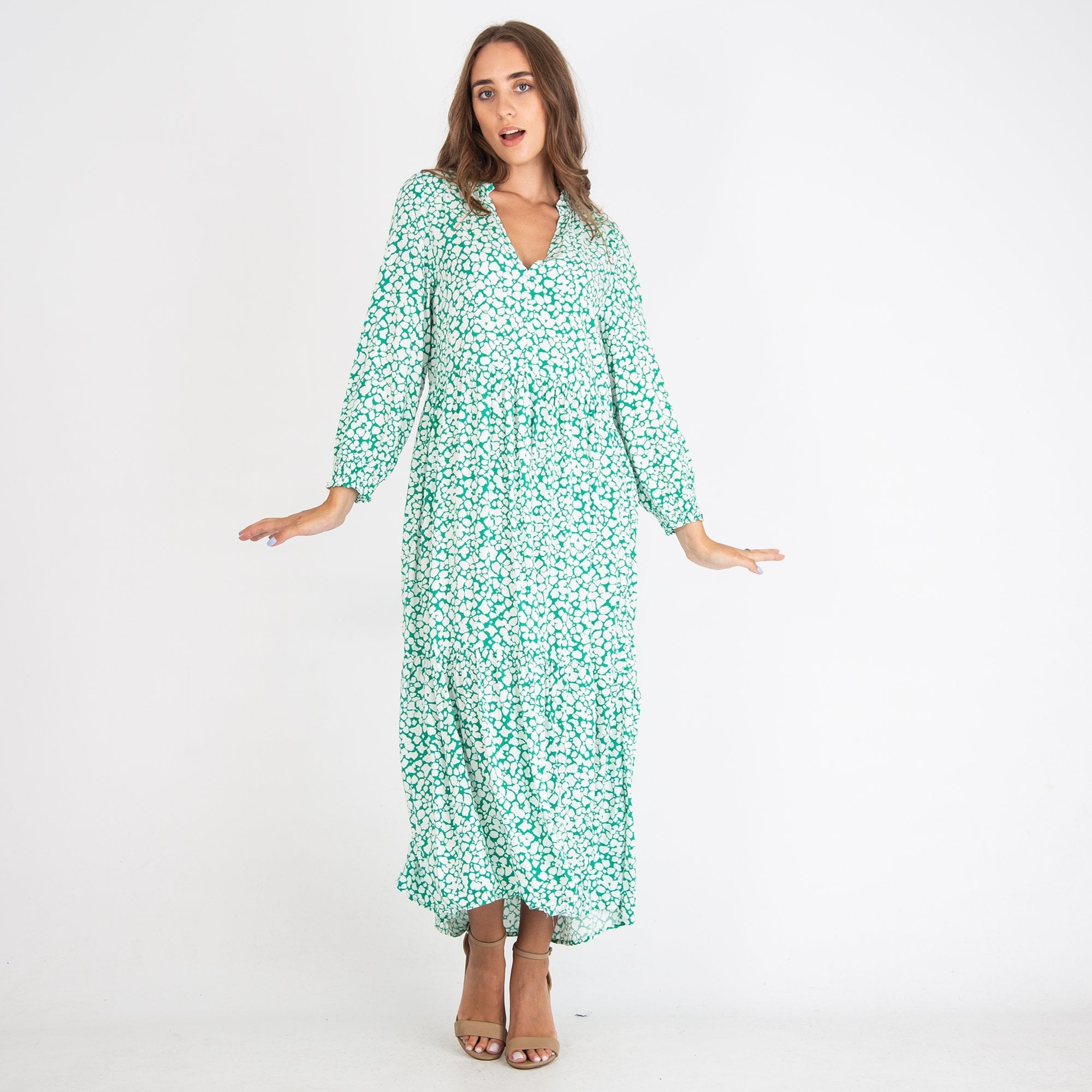 Y London V Neck Floral Long Sleeve Maxi Dress Green/white