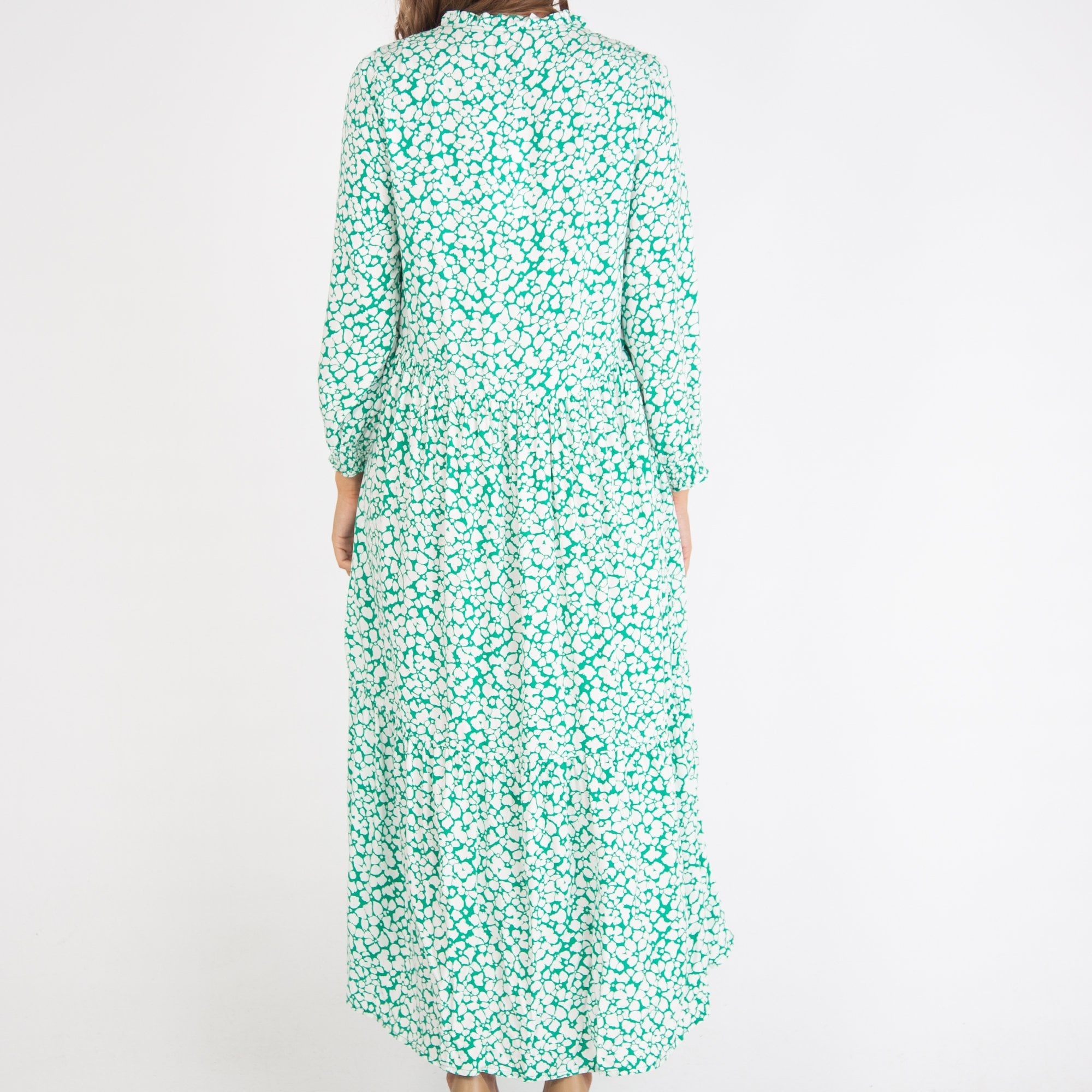 Y London V Neck Floral Long Sleeve Maxi Dress Green/white