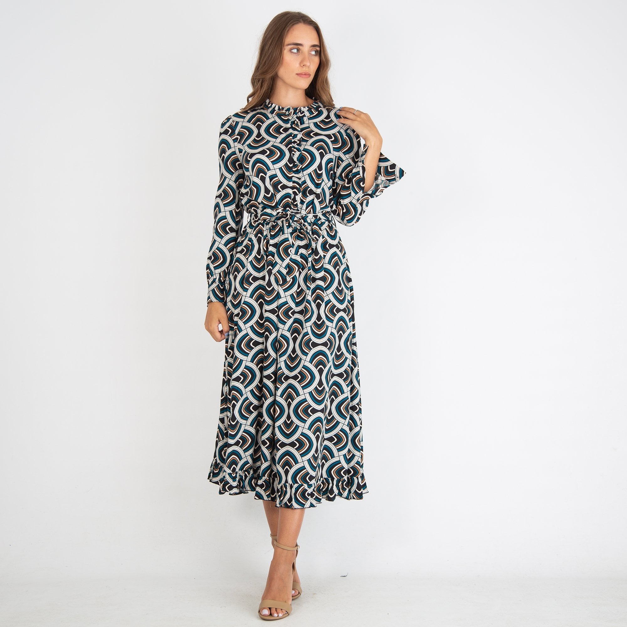 Dea Kudibal Adina Retro Print Belted Midi Dress Teal/Black