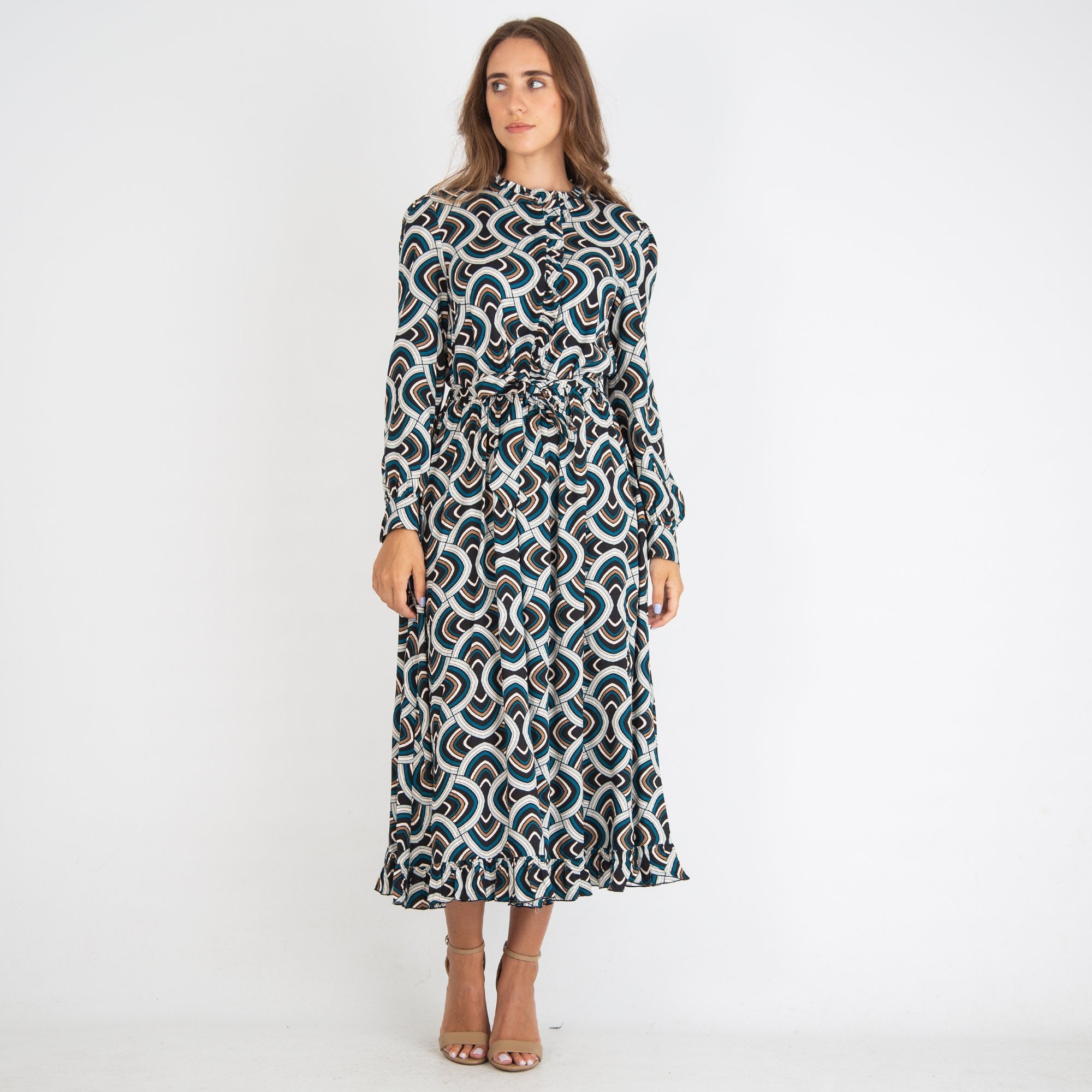 Dea Kudibal Adina Retro Print Belted Midi Dress Teal/Black