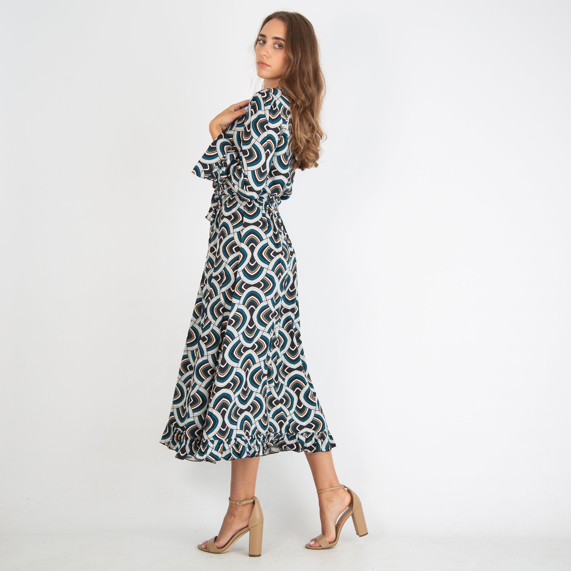 Dea Kudibal Adina Retro Print Belted Midi Dress Teal/Black