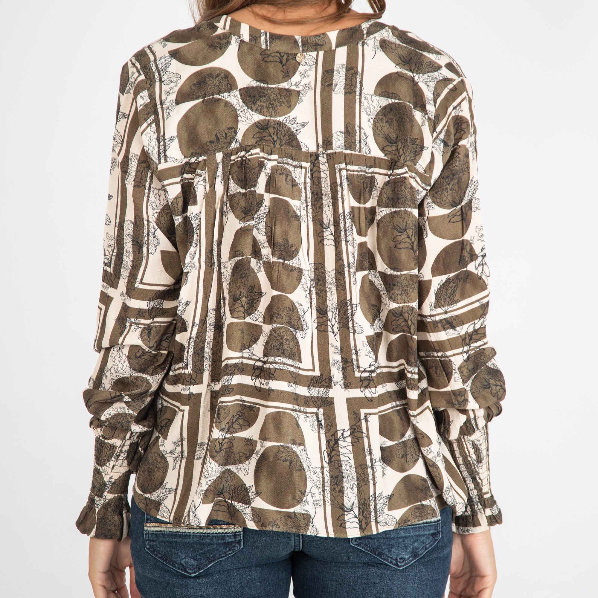 Mos Mosh Macha Tie Neck Bubble Print Blouse Khaki/cream