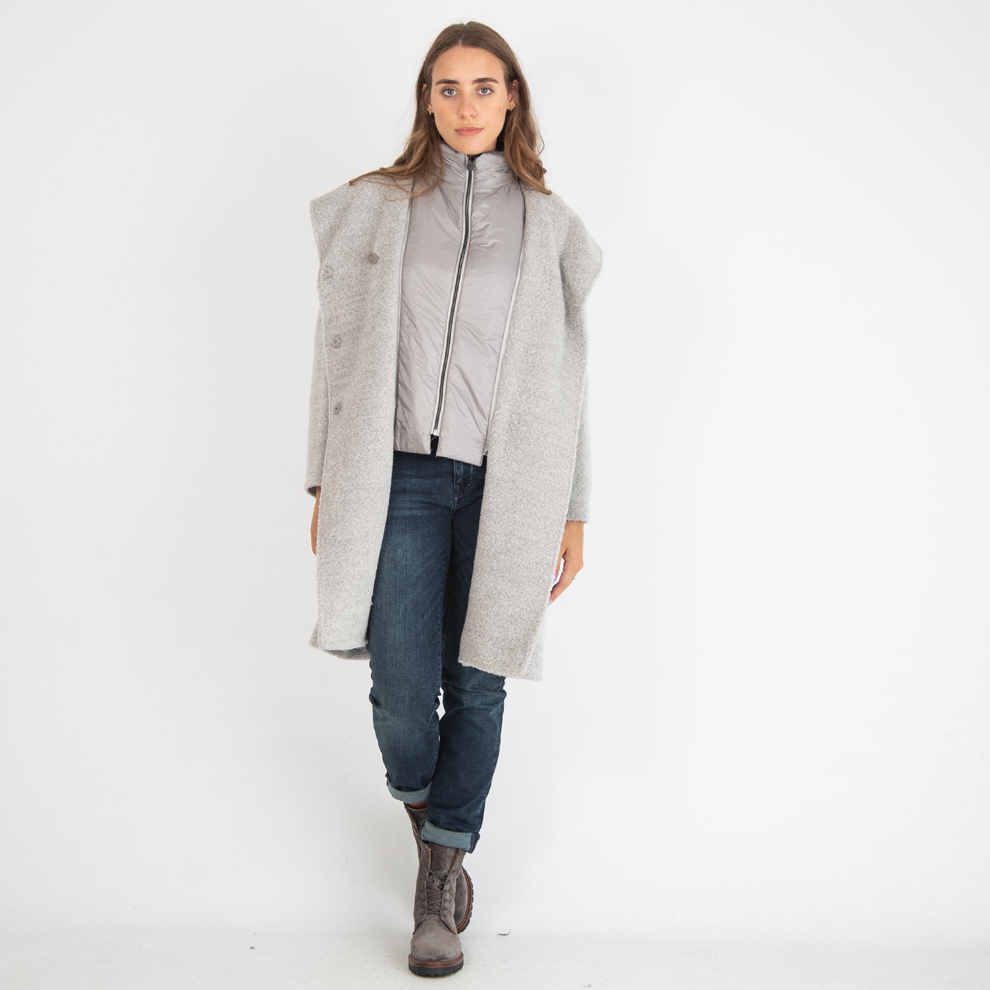 Cinzia Rocca Wool Coat With Gilet Insert Grey