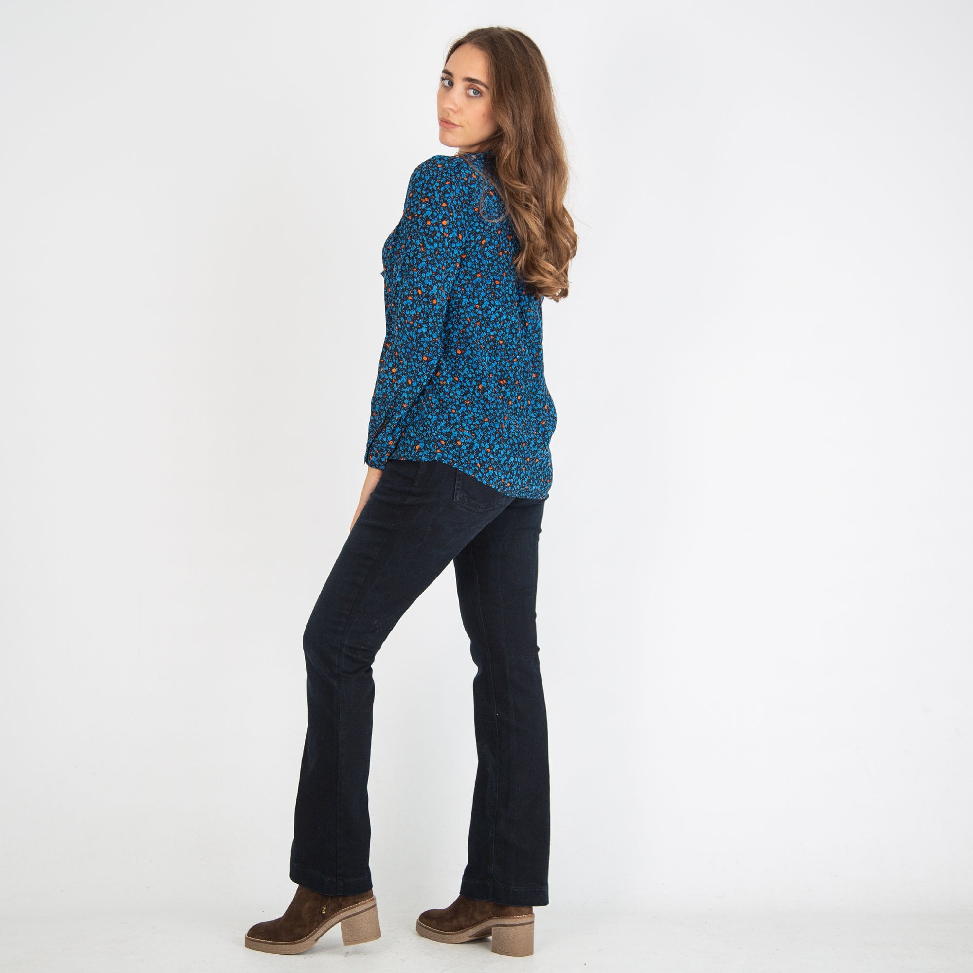 Moliin Zady Flower Print Tie Neck Blouse Blue/Orange