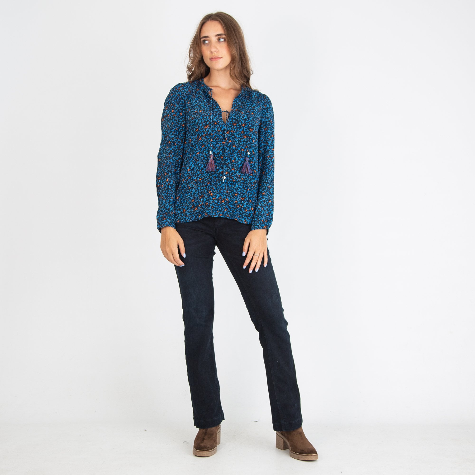 Moliin Zady Flower Print Tie Neck Blouse Blue/Orange