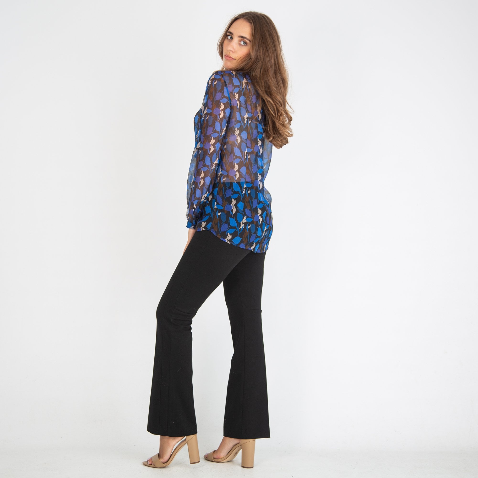 Luisa Cerano Leaf Print Tie Neck Blouse Cobalt