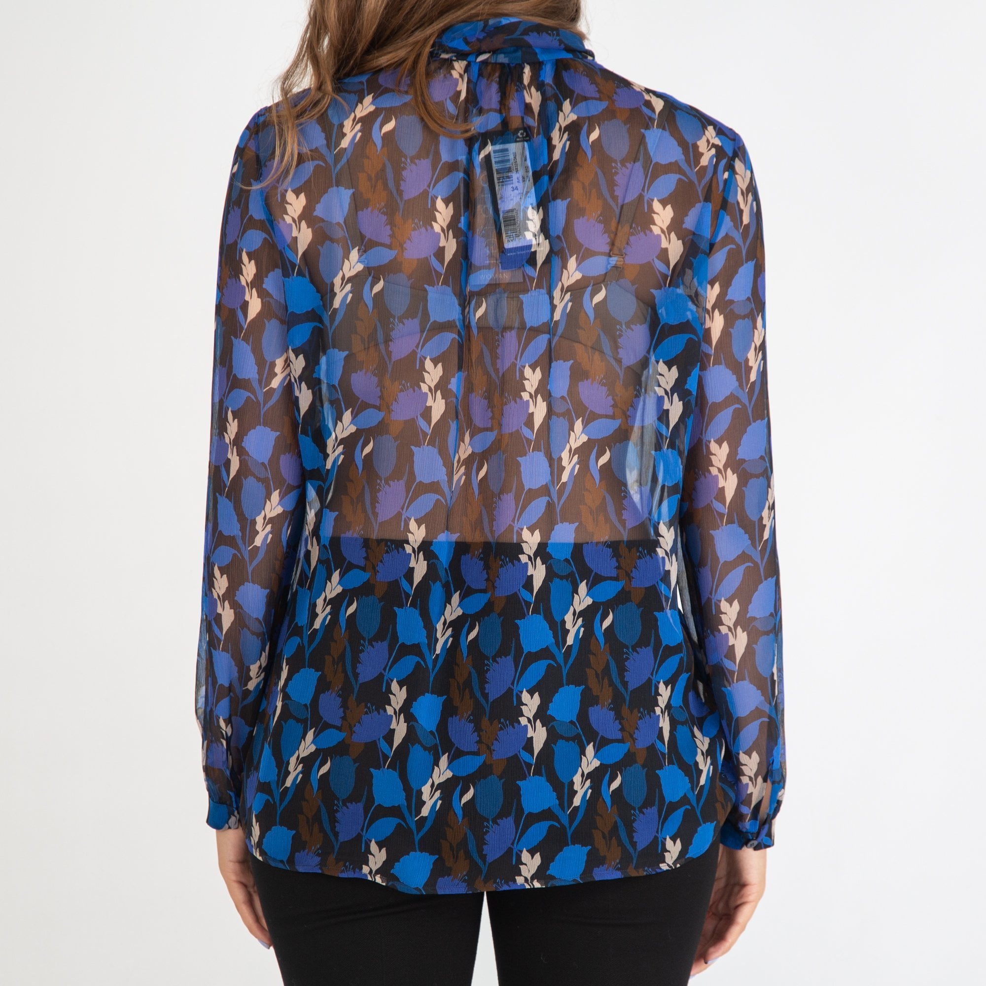Luisa Cerano Leaf Print Tie Neck Blouse Cobalt