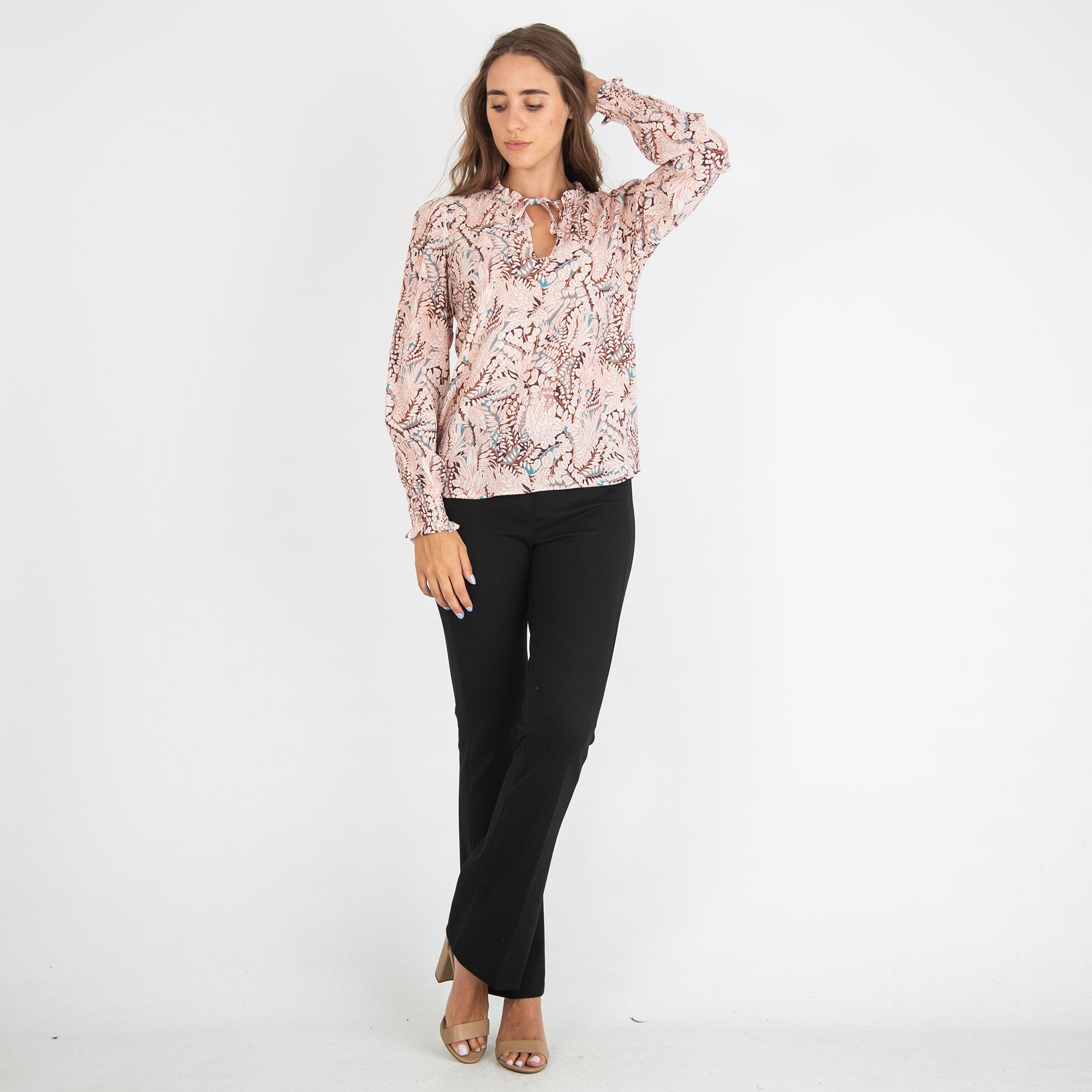 Dea Kudibal Ina Leaf Print Tie Neck Viscose Blouse Blush Multi