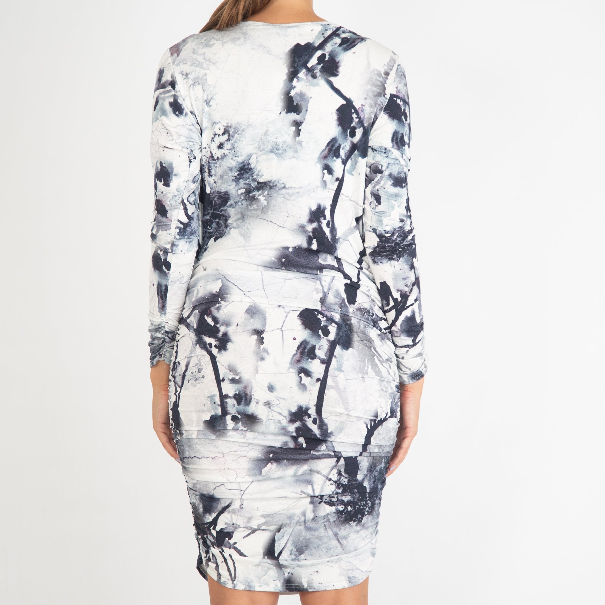 Me & Thee Torres Del Paine Jersey Ruched Side Printed Dress Black/White