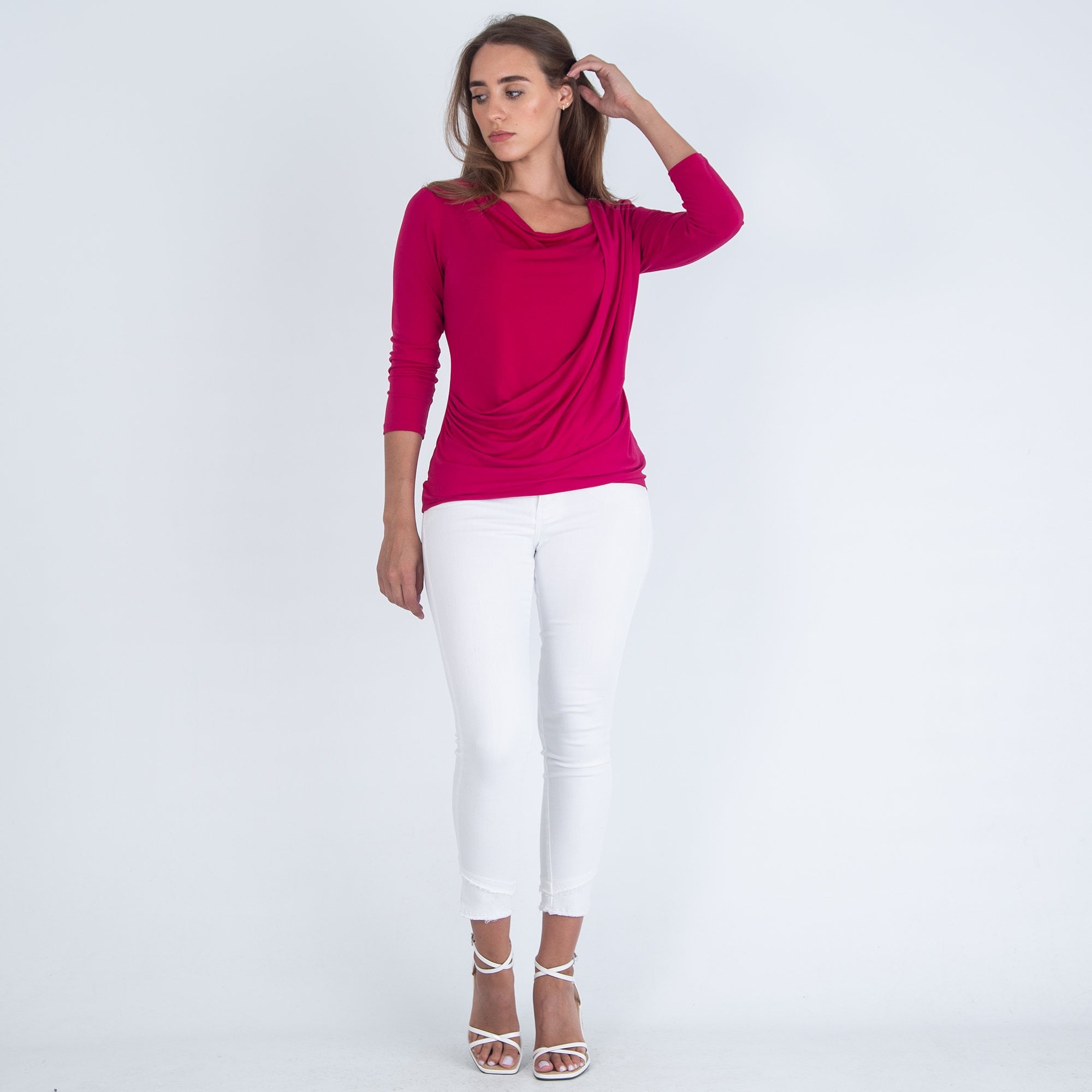 Michael Kors Drape Front Stud Shoulder Jersey Top Dark Pink