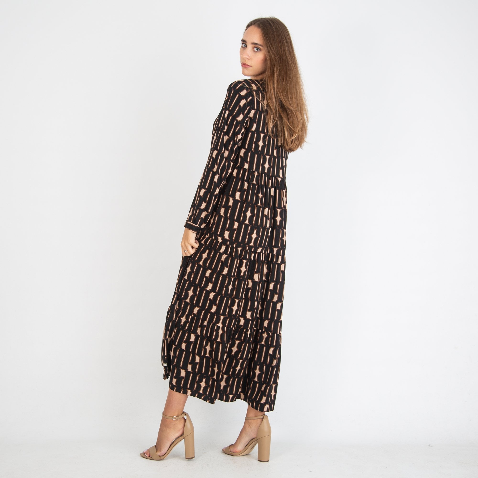 Milano Italy Retro Print Tiered Dress Black/beige