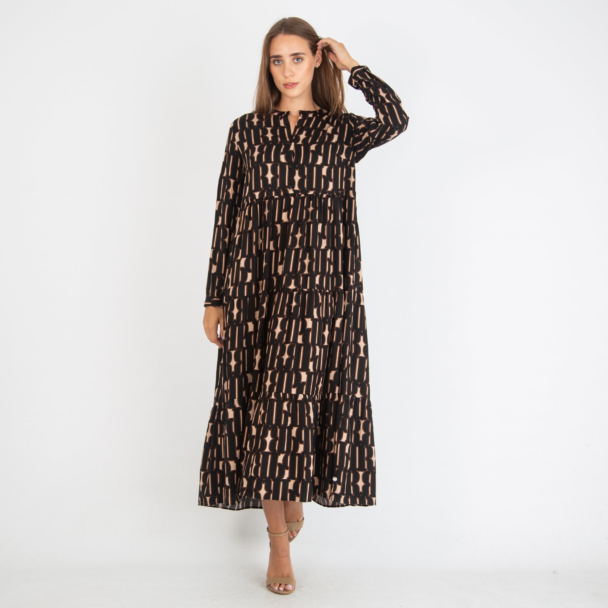 Milano Italy Retro Print Tiered Dress Black/beige