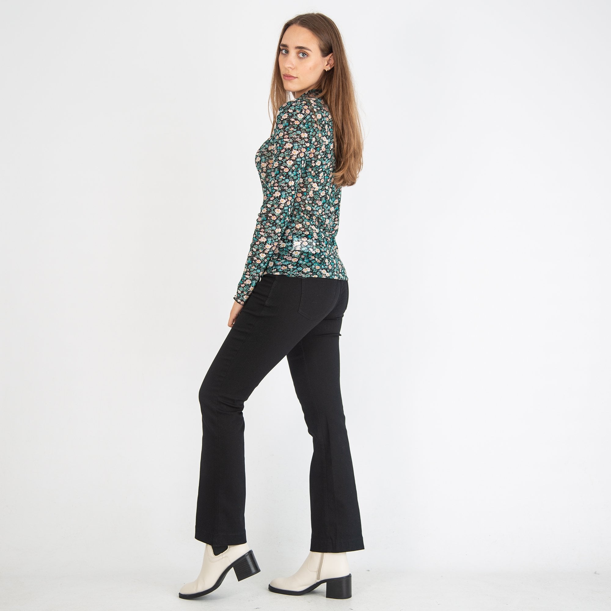 Oui Floral Sheer Mesh Top Turquoise/Black