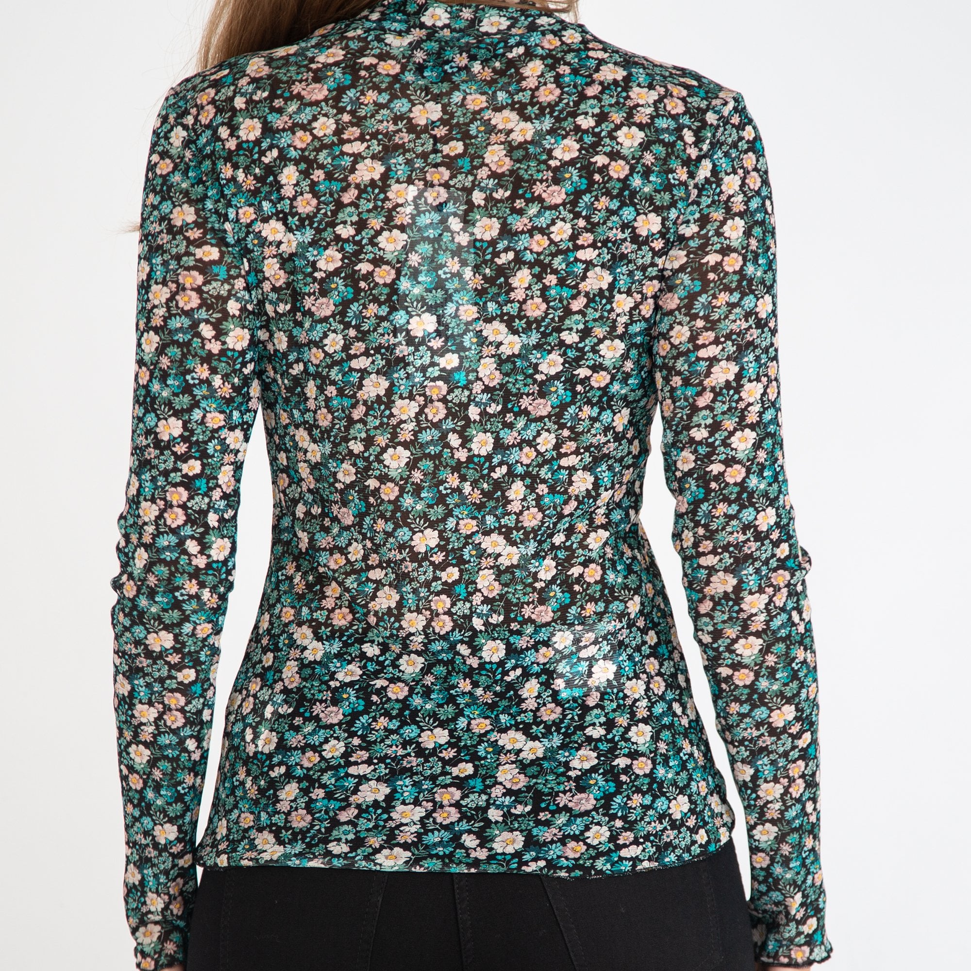 Oui Floral Sheer Mesh Top Turquoise/Black