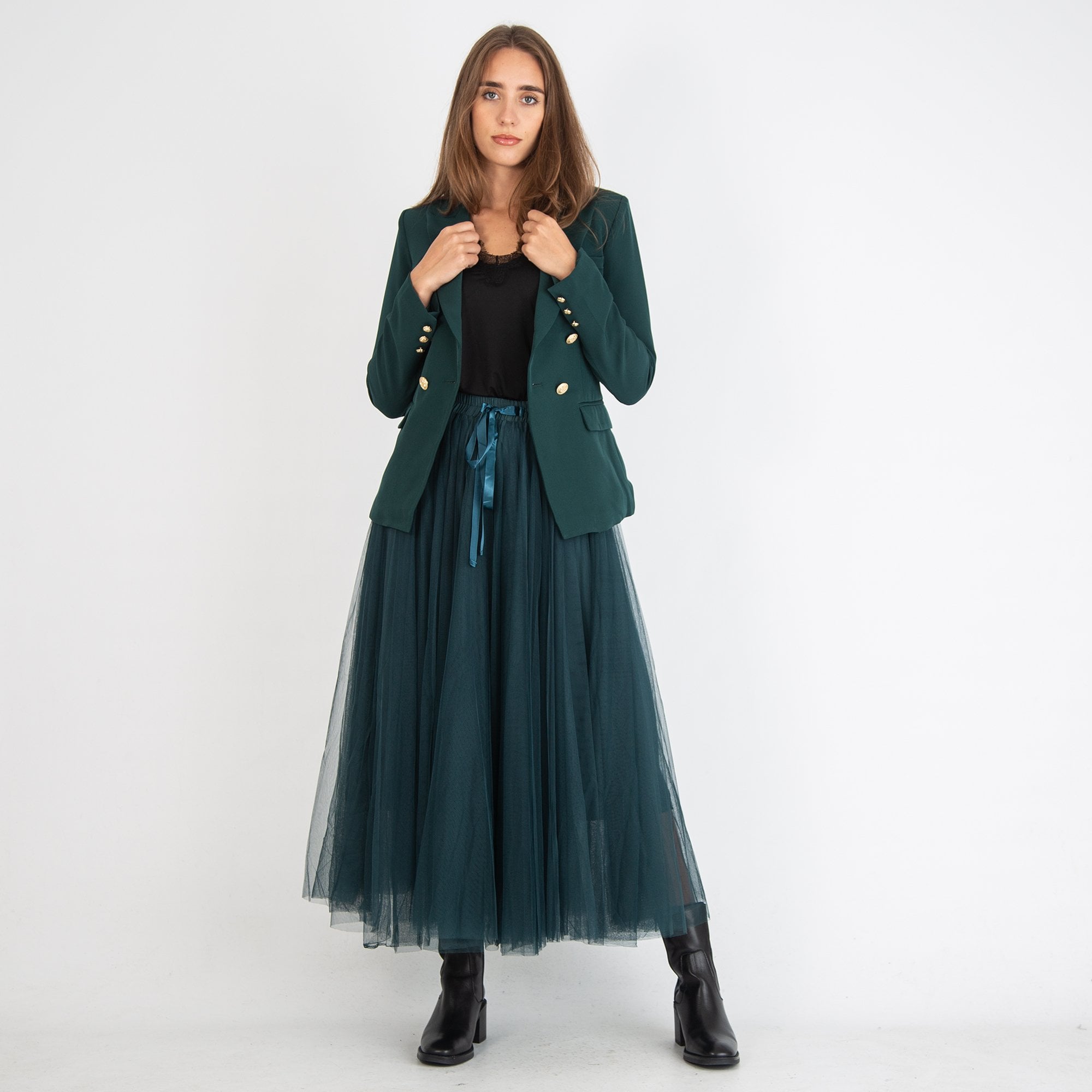 Y London Fitted Gold Button Blazer Forest Green