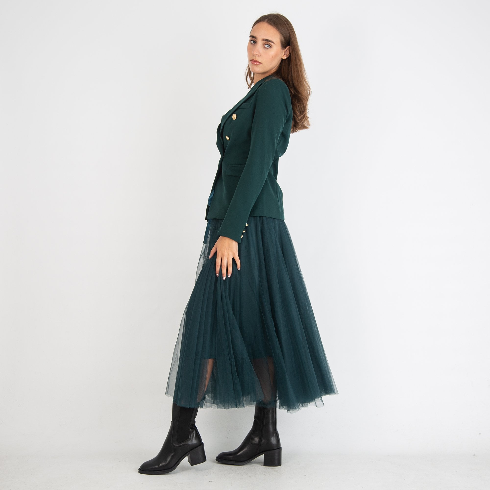 Y London Fitted Gold Button Blazer Forest Green