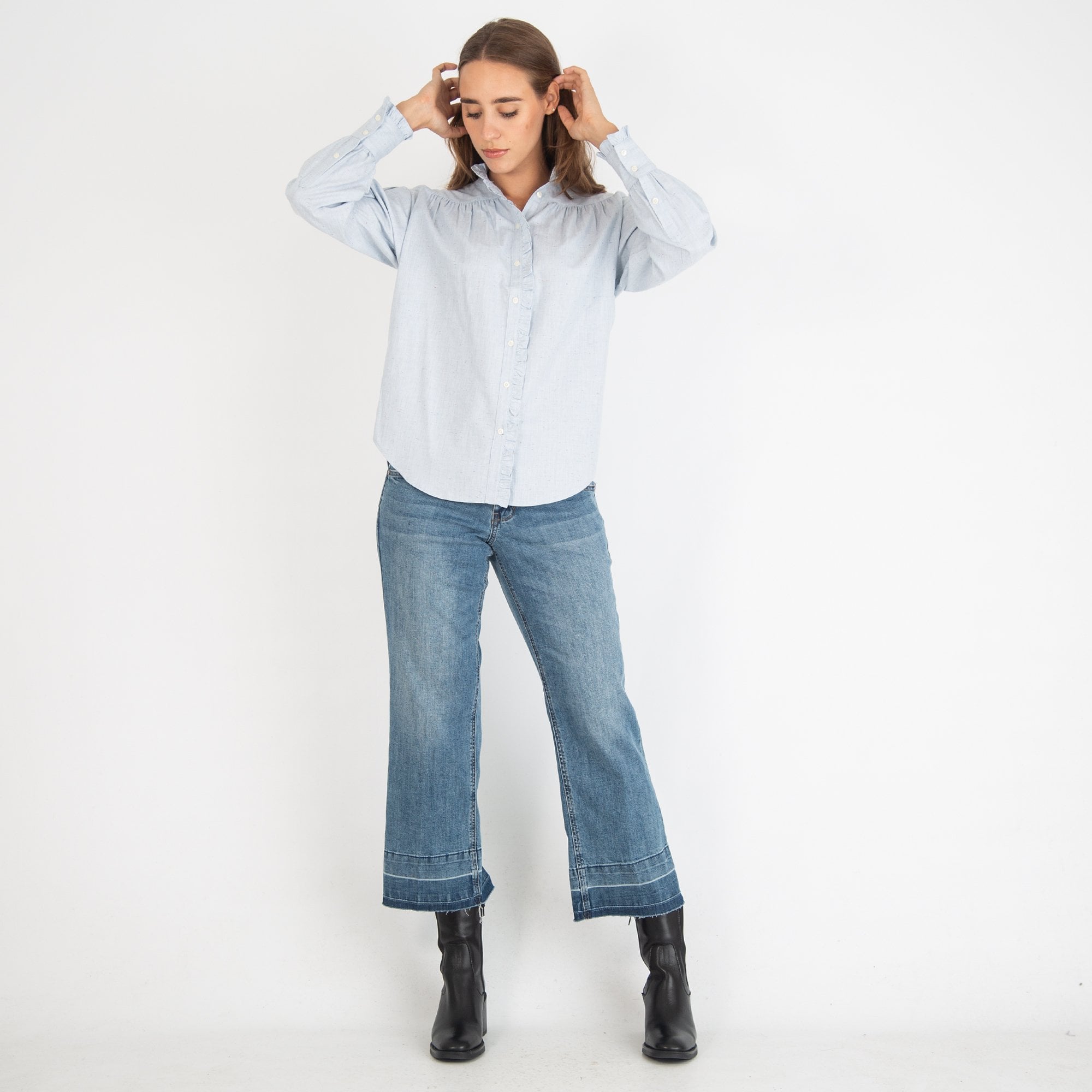 Scotch & Soda Ruffle Placket Pleated Shirt Light Blue