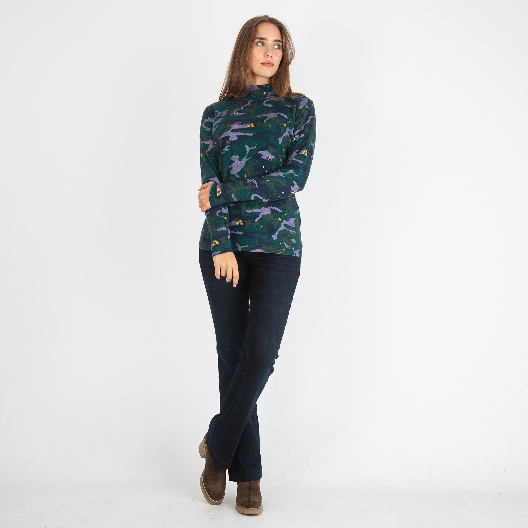 Vilagallo Camo And Butterfly Polo Neck Jumper Green/Purple