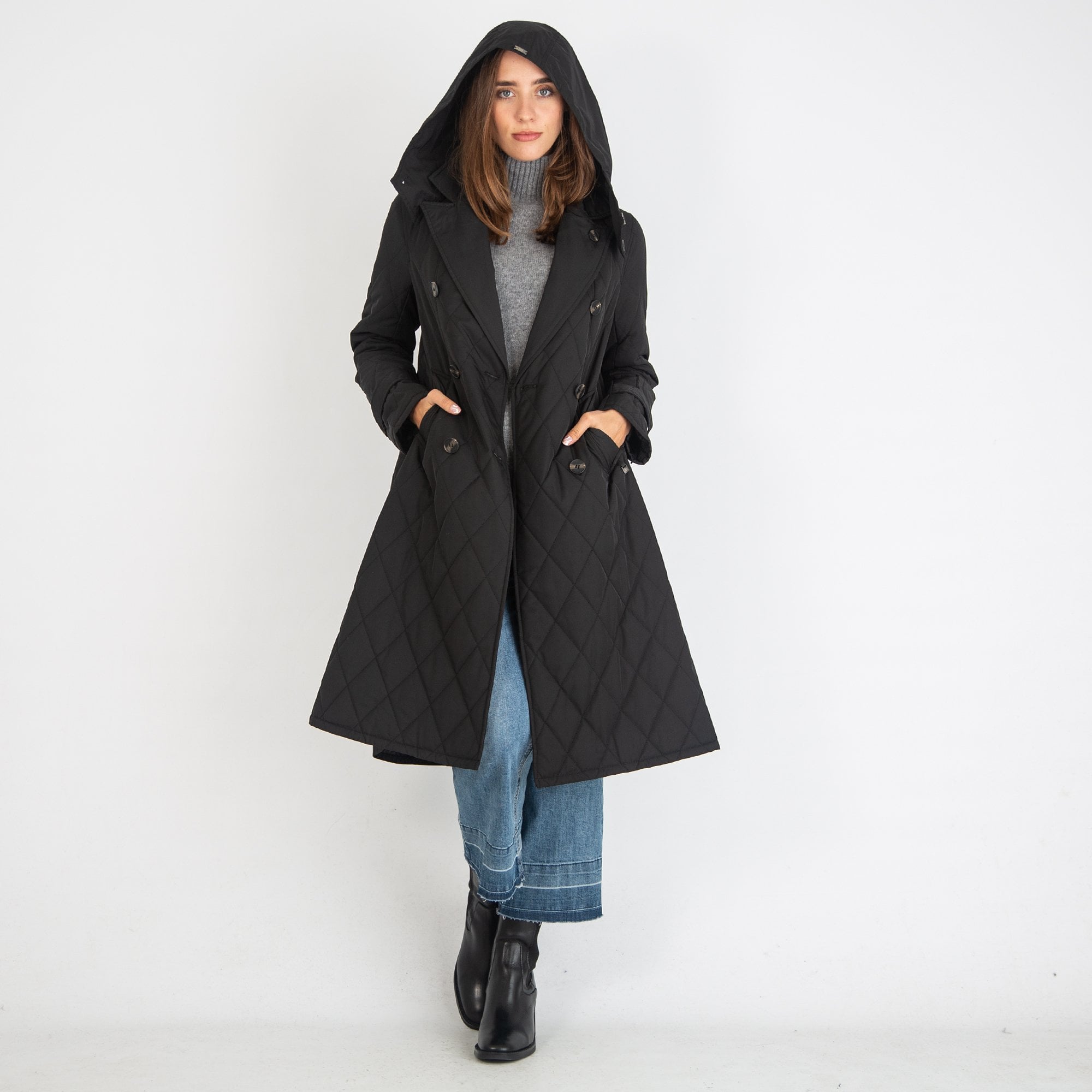 Riani Quilted Techno Trench Style Coat Black
